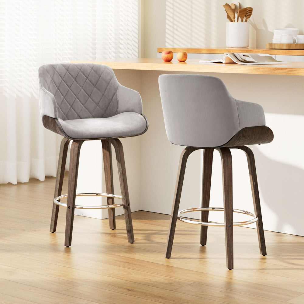 Artiss 2x Bar Stools Swivel Velvet Padded Wooden BA-TW-8908-GYX2