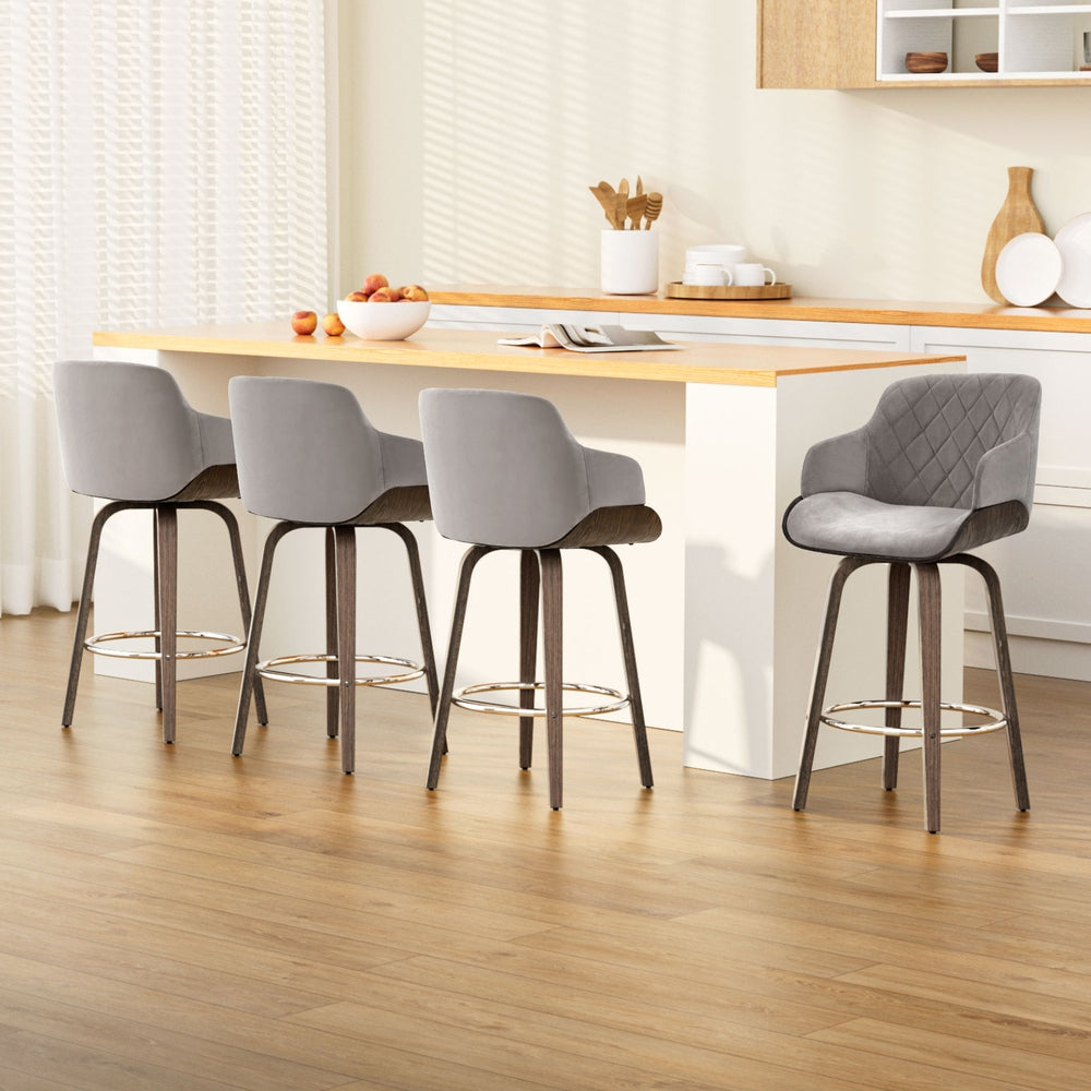 Artiss 4x Bar Stools Swivel Velvet Padded Wooden BA-TW-8908-GYX4