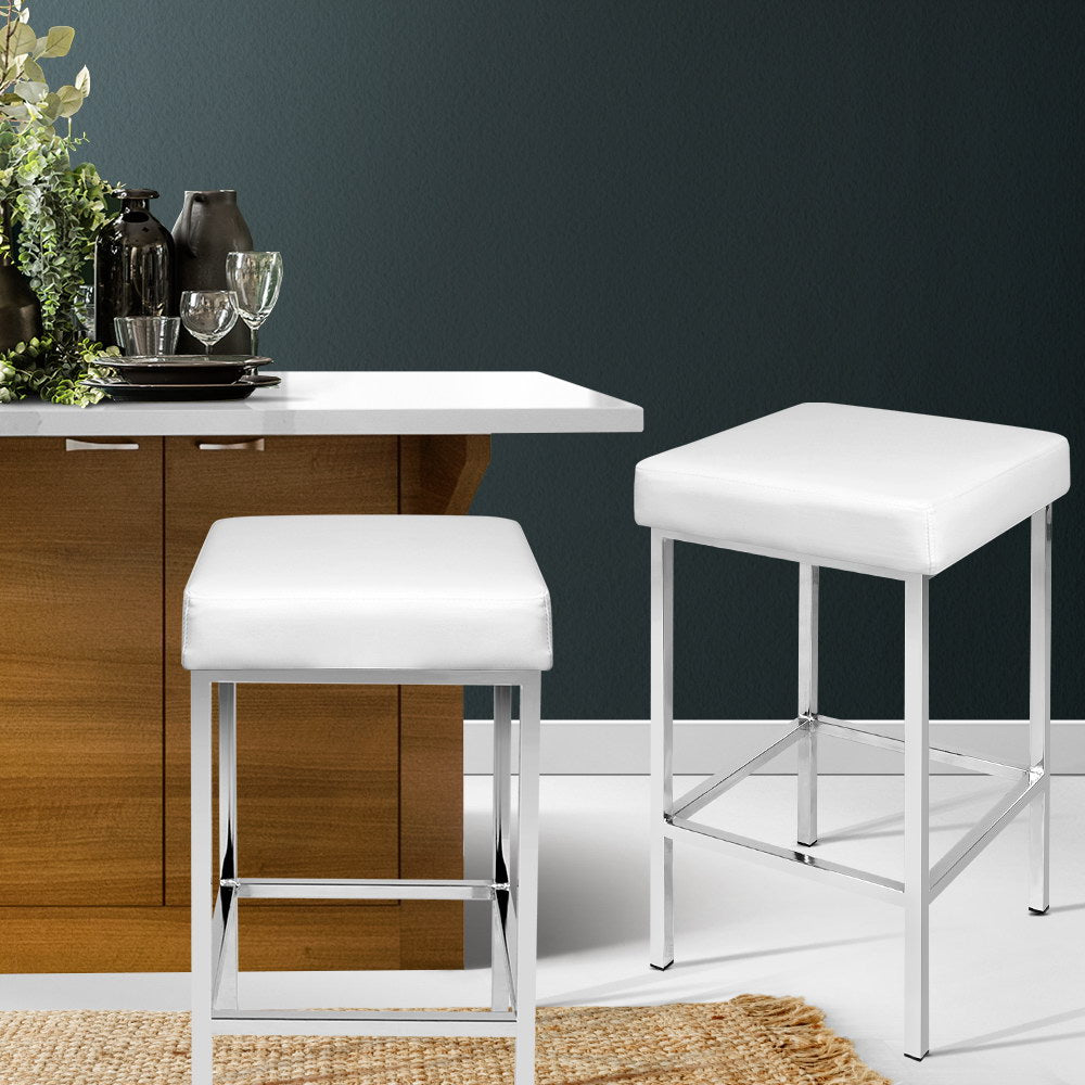 Artiss 2x Bar Stools Leather Padded Metal White BA-TW-9076-WHX2