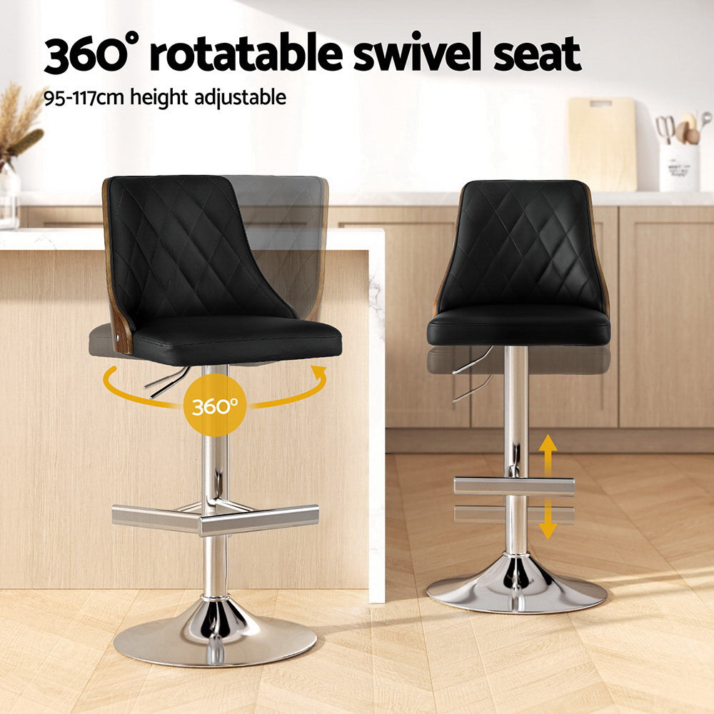 Artiss 2X Bar Stool Wood Swivel Adjustable Kitchen Counter Stool Leather Black BA-TW-T4061-BKX2