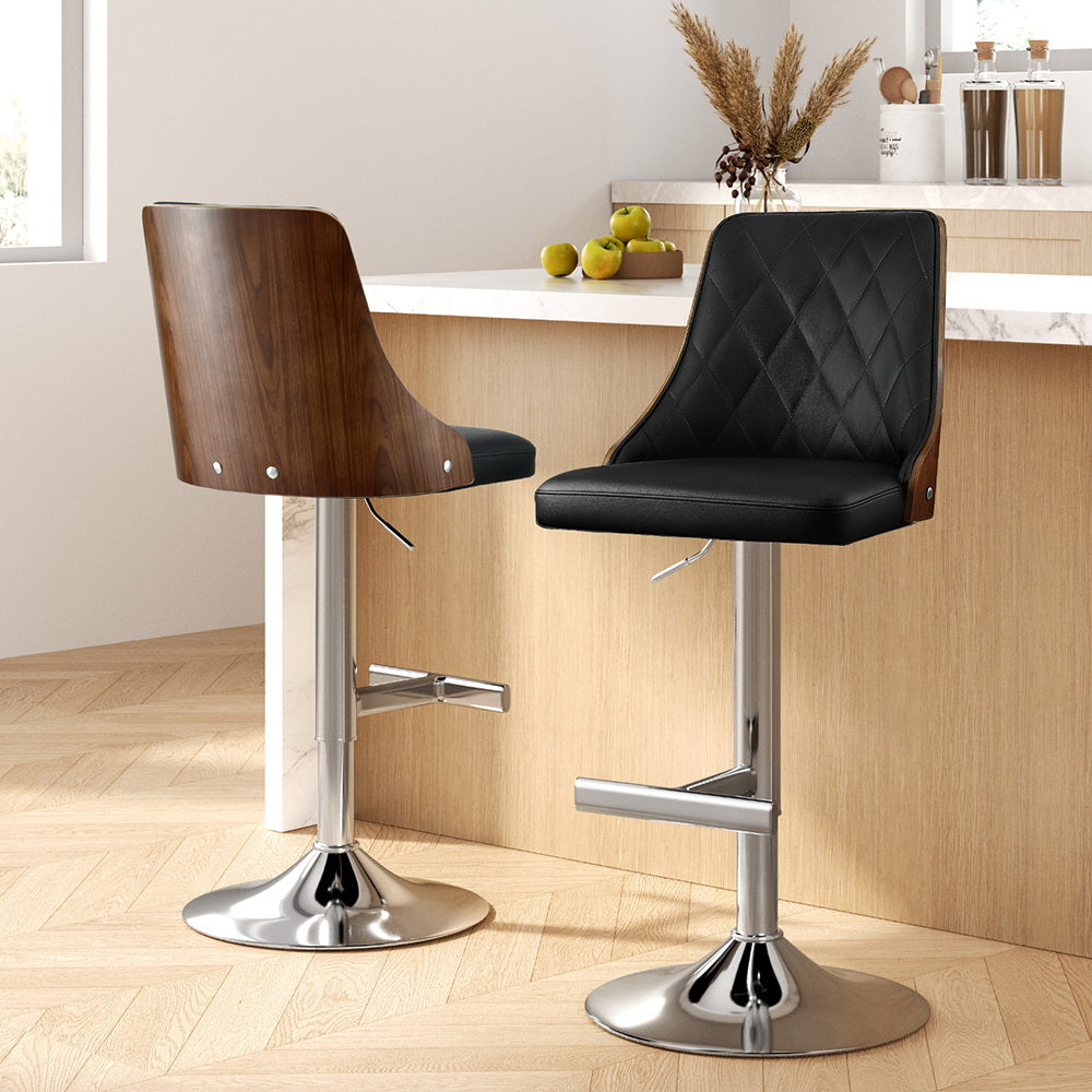 Artiss 2X Bar Stool Wood Swivel Adjustable Kitchen Counter Stool Leather Black BA-TW-T4061-BKX2
