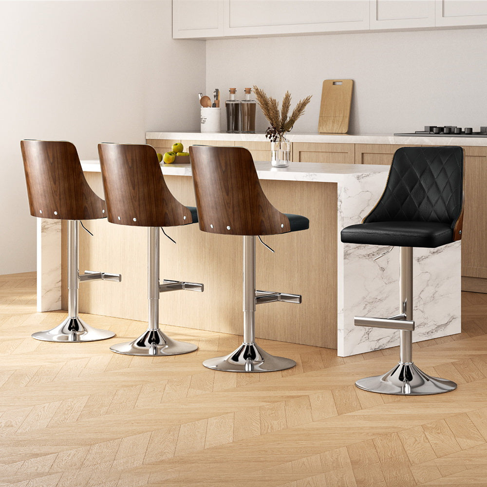 Artiss 4X Bar Stool Wood Swivel Adjustable Kitchen Counter Stool Leather Black BA-TW-T4061-BKX4