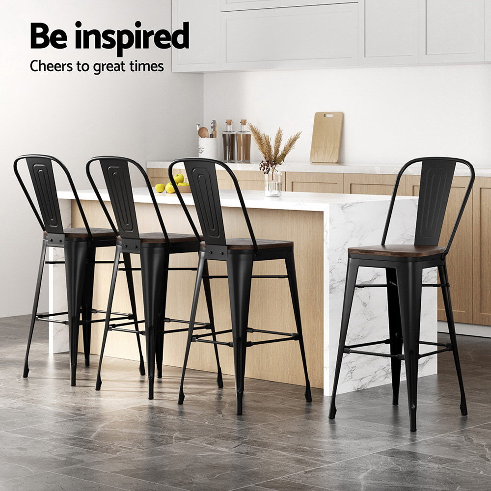 2x Artiss Metal Bar Stools Wooden Seat Retro Counter Stool BA-TW-T5852-BKX2