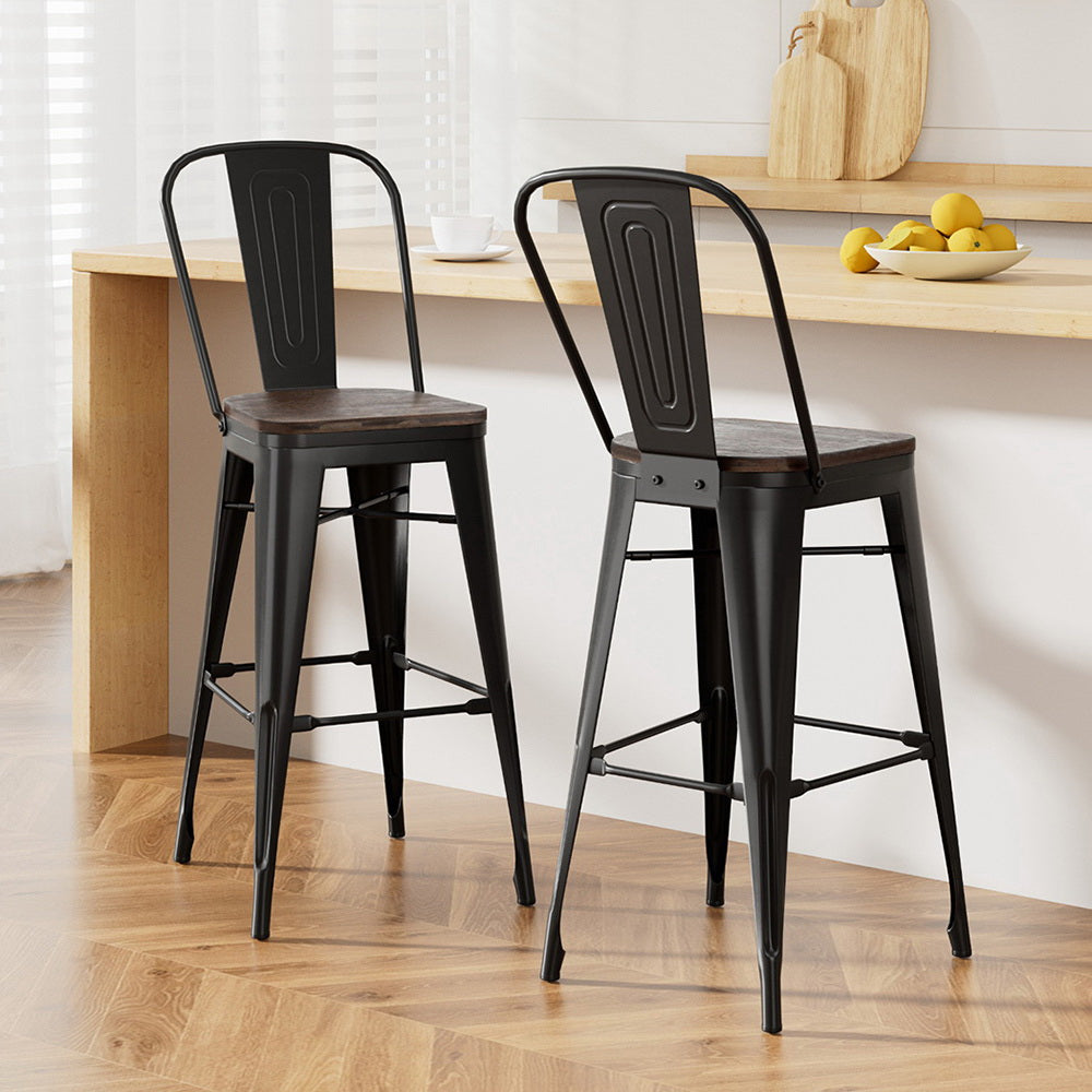 2x Artiss Metal Bar Stools Wooden Seat Retro Counter Stool BA-TW-T5852-BKX2