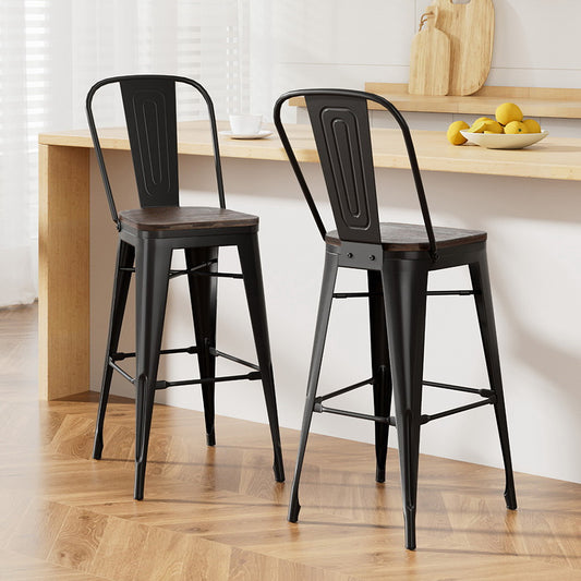 2x Artiss Metal Bar Stools Wooden Seat Retro Counter Stool BA-TW-T5852-BKX2