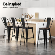 4x Artiss Metal Bar Stools Wooden Seat Retro Counter Stool BA-TW-T5852-BKX4