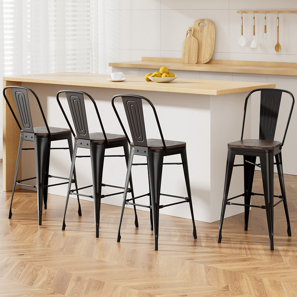 4x Artiss Metal Bar Stools Wooden Seat Retro Counter Stool BA-TW-T5852-BKX4
