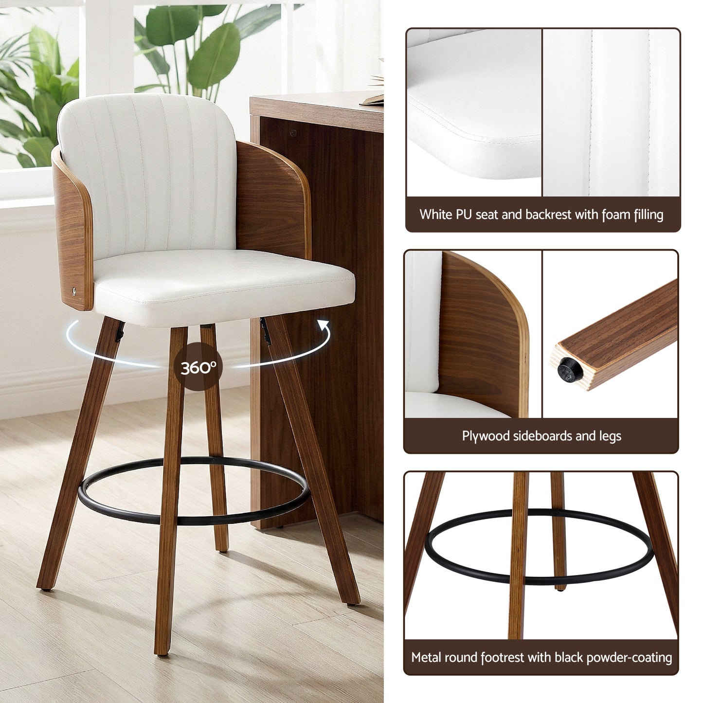 Artiss Wooden Bar Stools Swivel Kitchen Counter Stool Chair 58cm Seat Height BA-TW-W0099-WHX2