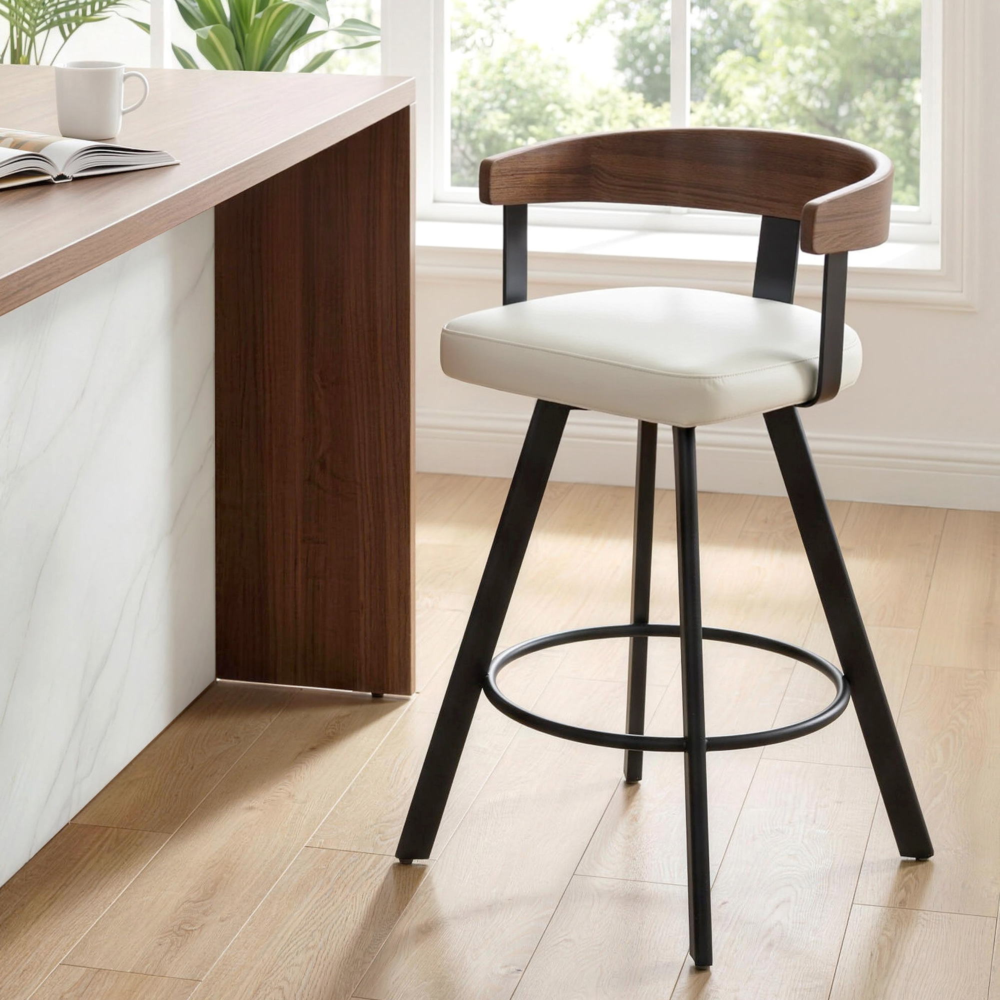 Artiss Bar Stool Swivel Metal Legs Kitchen Chair Bentwood Counter Leather White BA-TW-W0100-WH