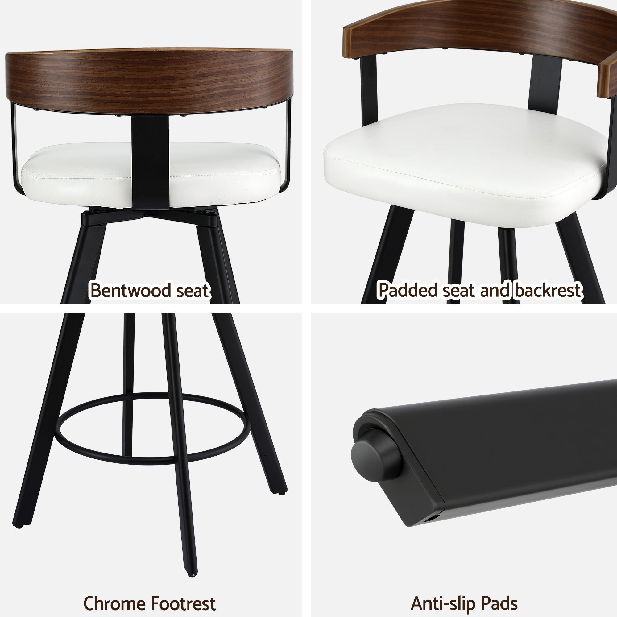 2x Artiss Bar Stools Swivel Kitchen Chairs Metal Legs Bentwood Counter White PU BA-TW-W0100-WHX2