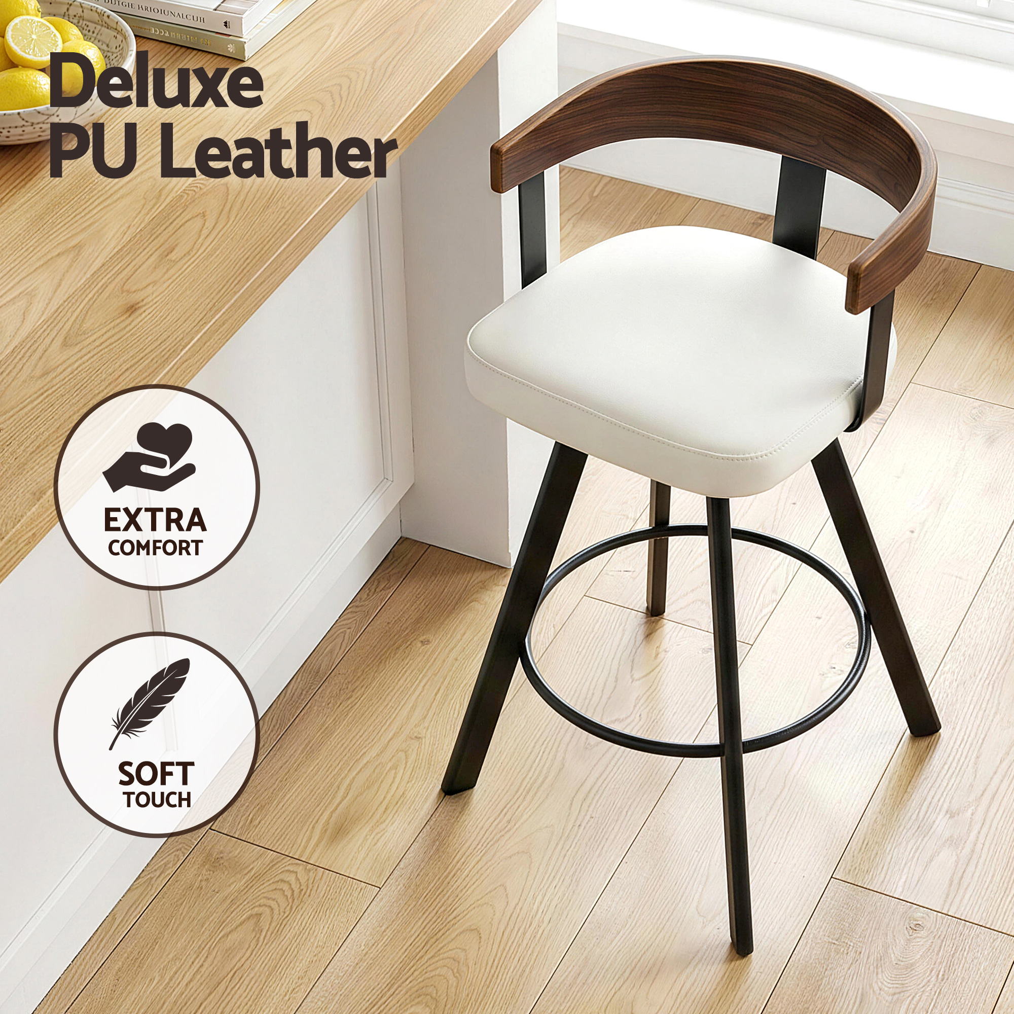 2x Artiss Bar Stools Swivel Kitchen Chairs Metal Legs Bentwood Counter White PU BA-TW-W0100-WHX2