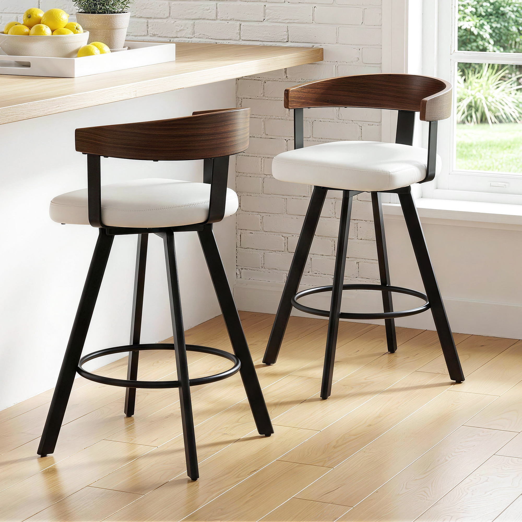 2x Artiss Bar Stools Swivel Kitchen Chairs Metal Legs Bentwood Counter White PU BA-TW-W0100-WHX2