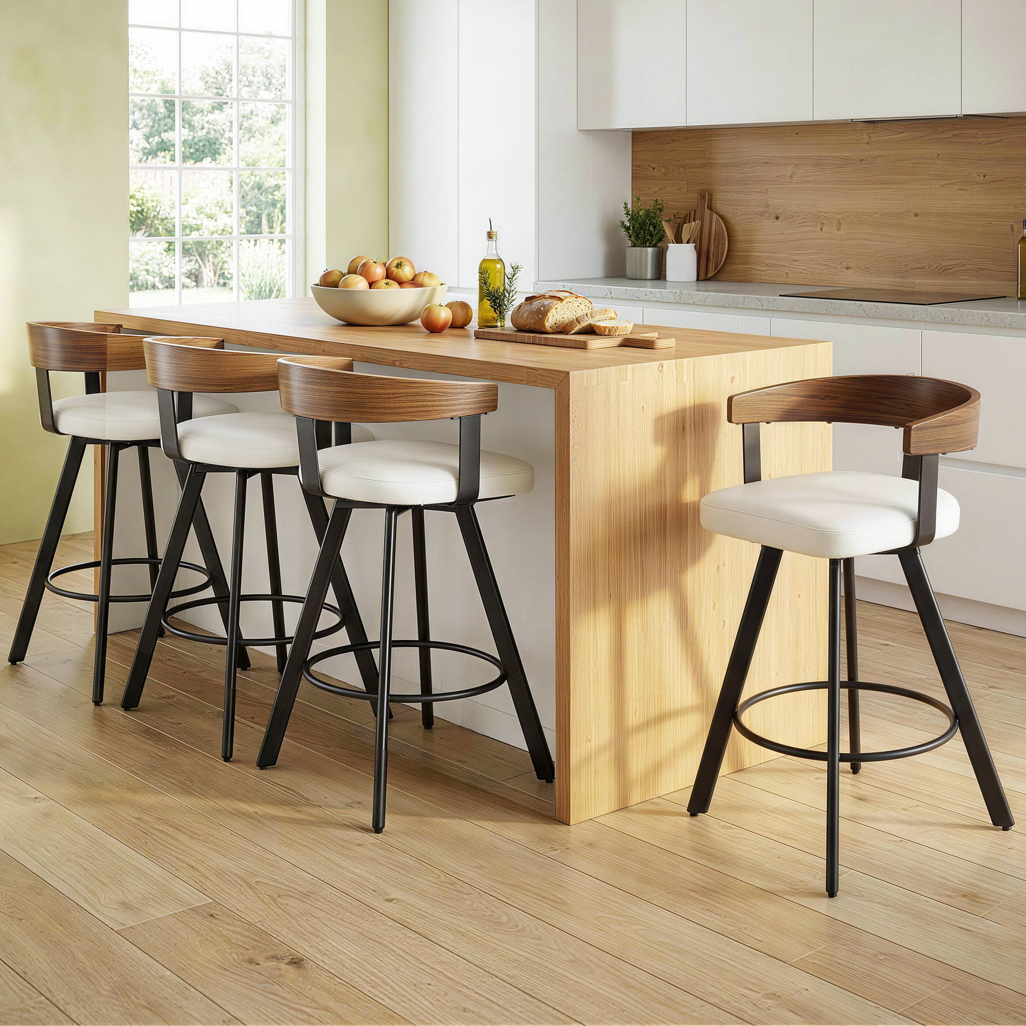 4x Artiss Bar Stools Swivel Kitchen Chairs Metal Legs Bentwood Counter White PU BA-TW-W0100-WHX4