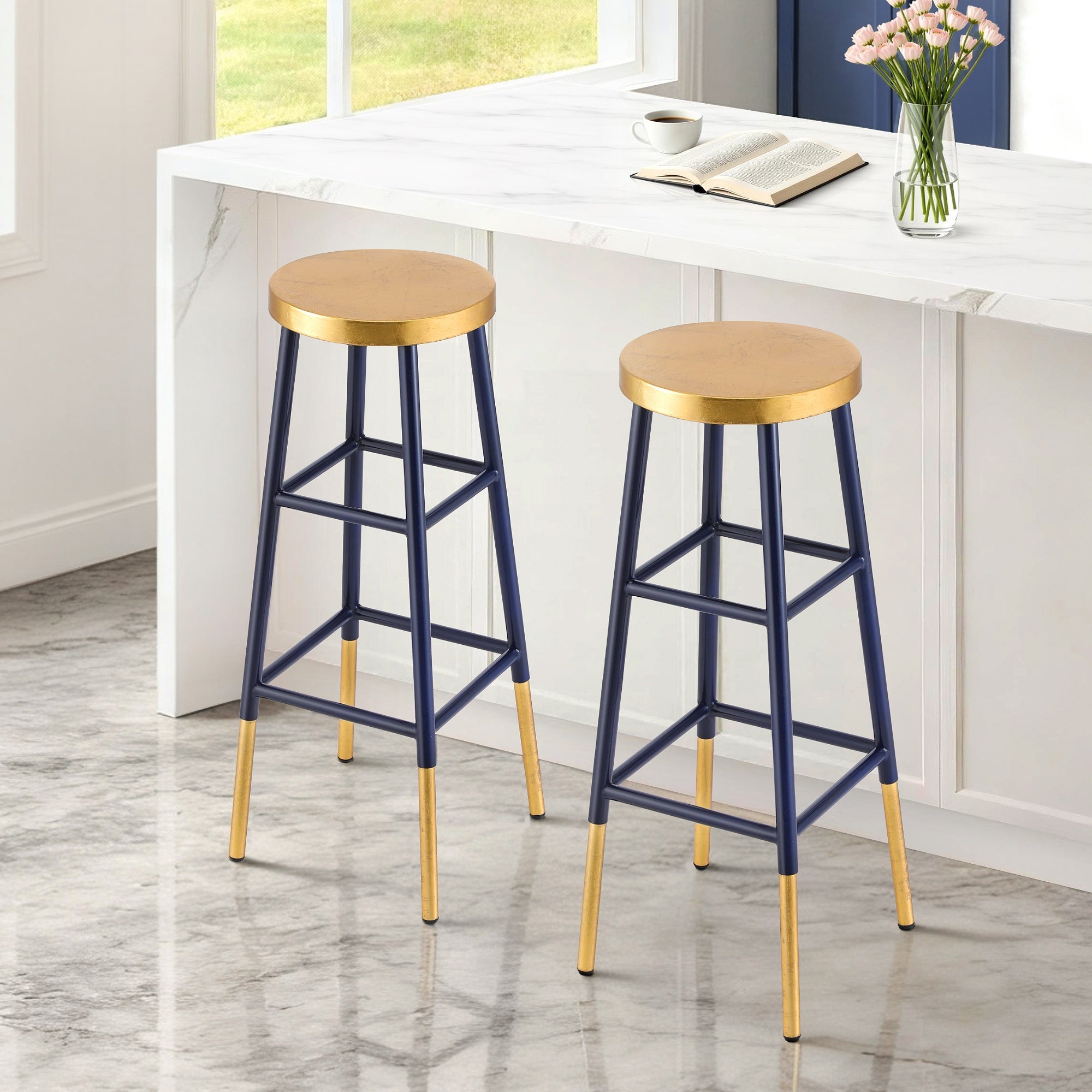 Artiss 2x Bar Stools Metal Gold Navy BA-U-5005-NAGDX2