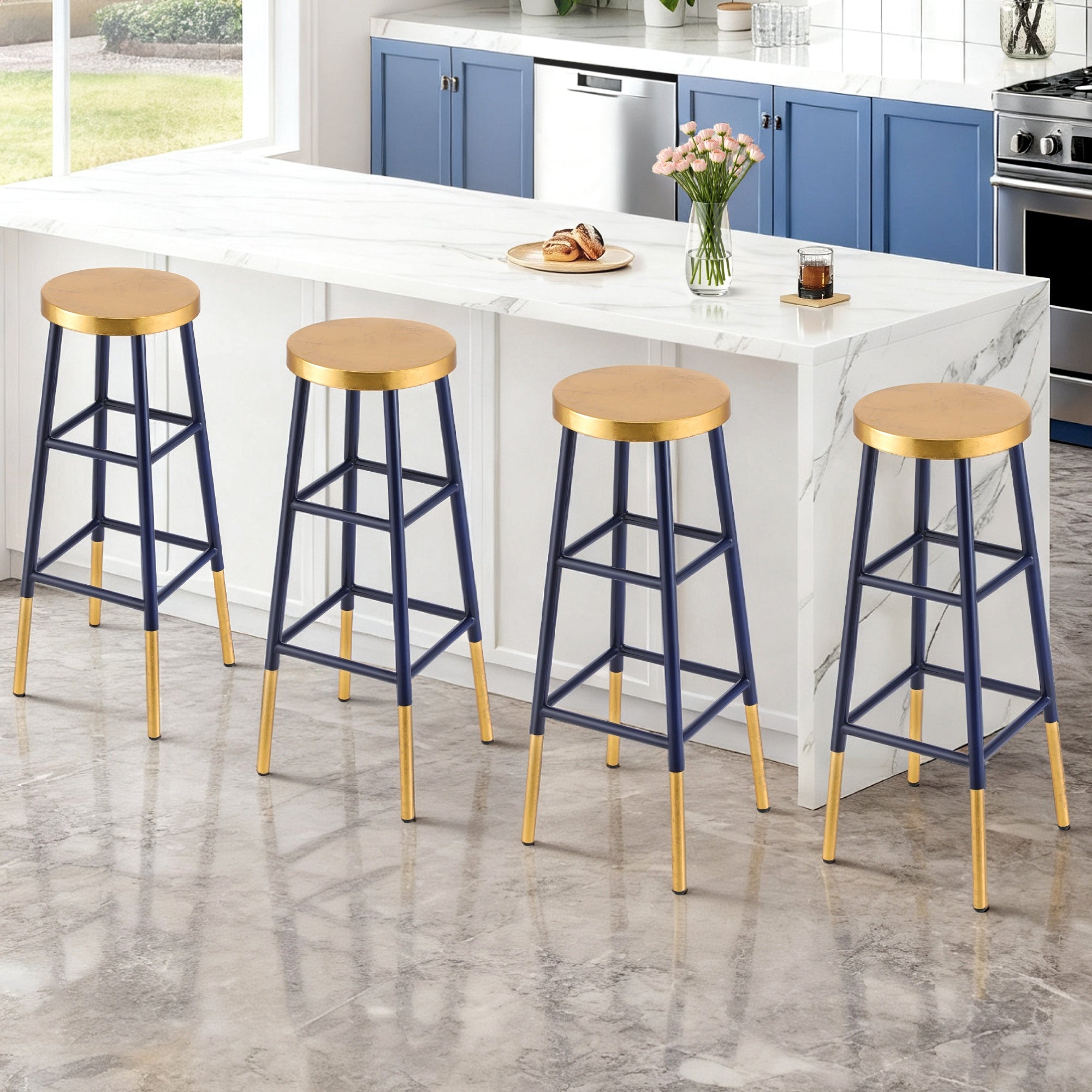Artiss 4x Bar Stools Metal Gold Navy BA-U-5005-NAGDX4