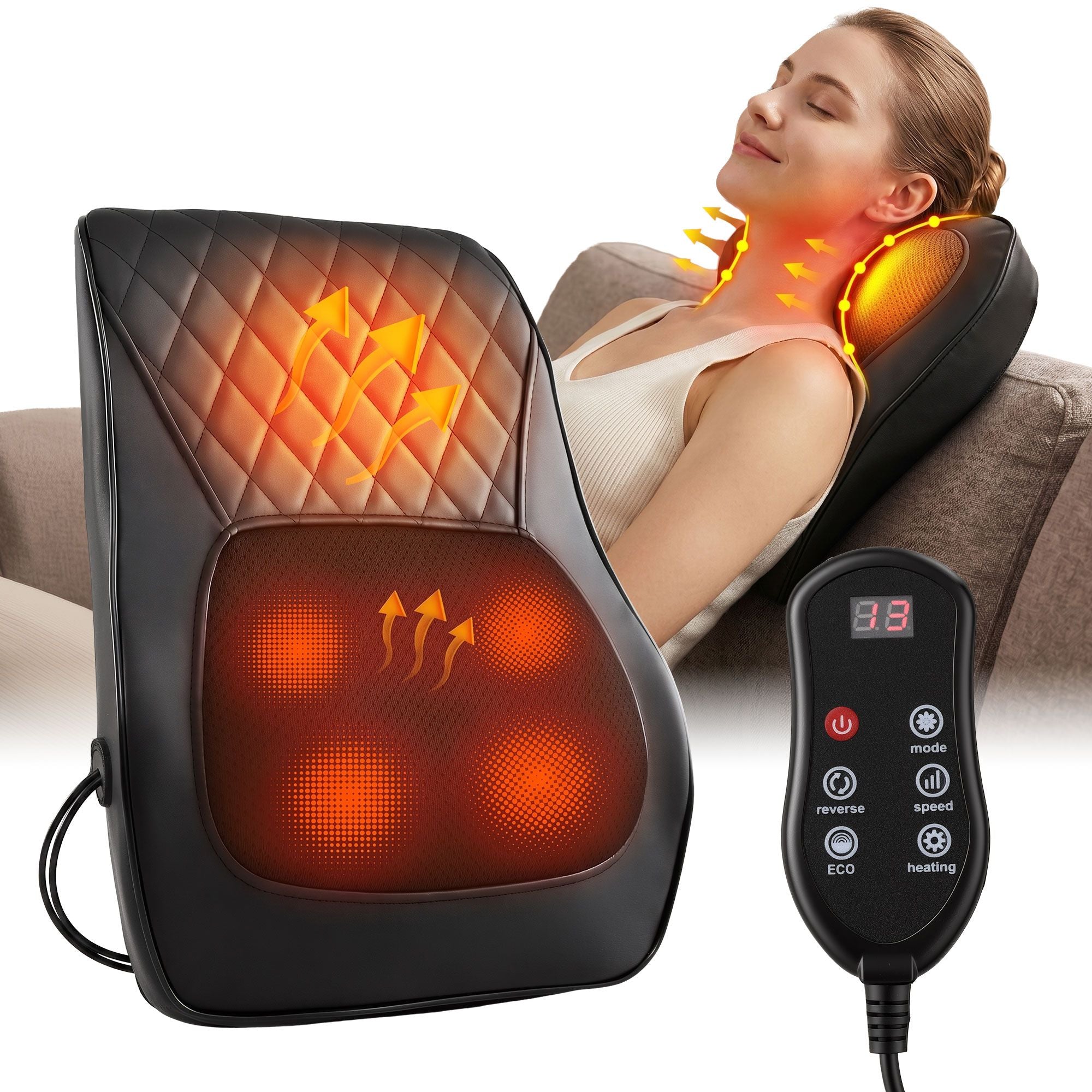 Livemor Back Massager with Heat and Traction, Neck and Shoulder Massage Pillow, Ergonomic Backrest for Office BACK-MASSAGER-TRA-BK