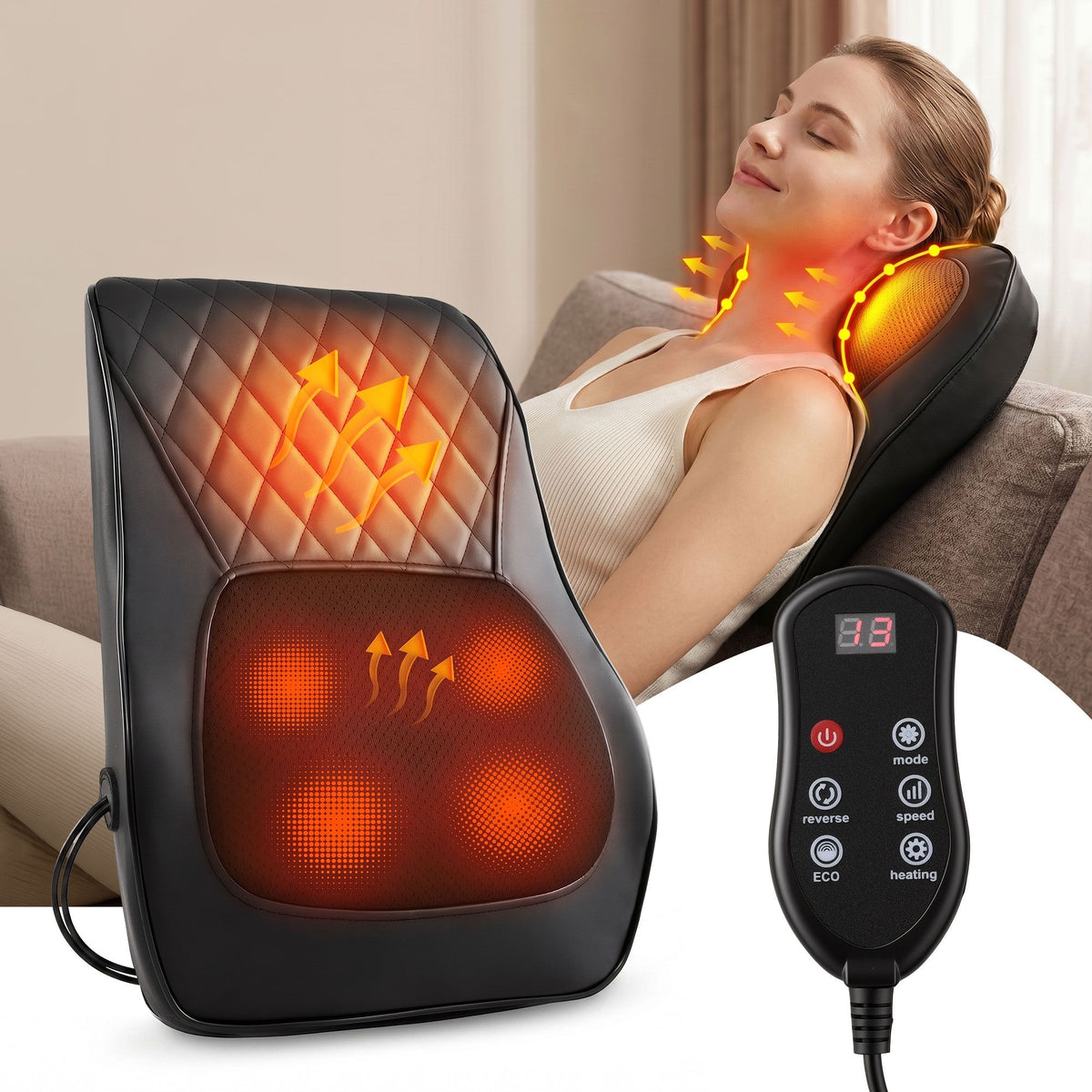Livemor Back Massager with Heat and Traction, Neck and Shoulder Massage Pillow, Ergonomic Backrest for Office BACK-MASSAGER-TRA-BK