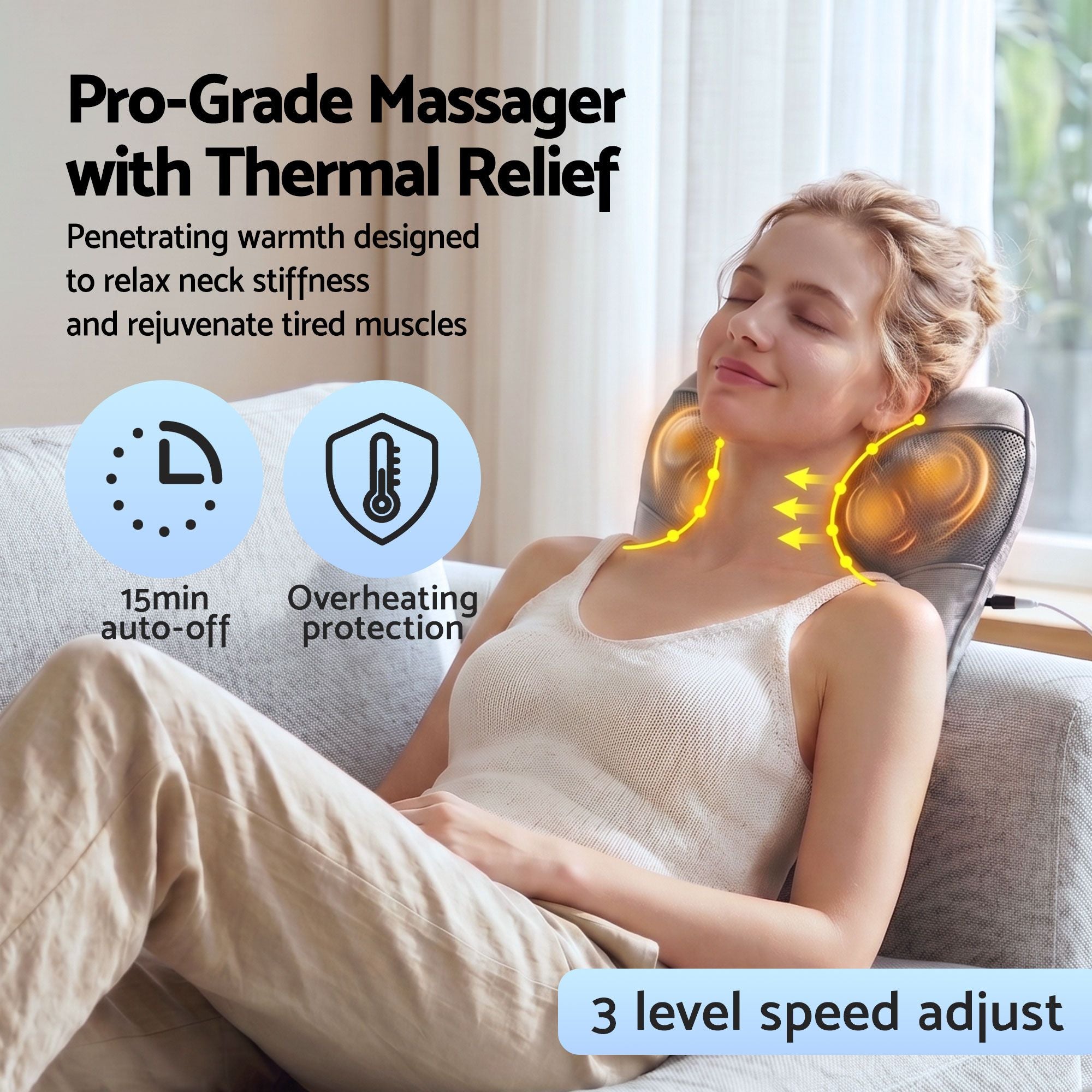 Livemor Back Massager with Heat, USB Neck and Shoulder Massage Pillow, 3-Speed Ergonomic Lumbar Support BACK-MASSAGER-U-GY
