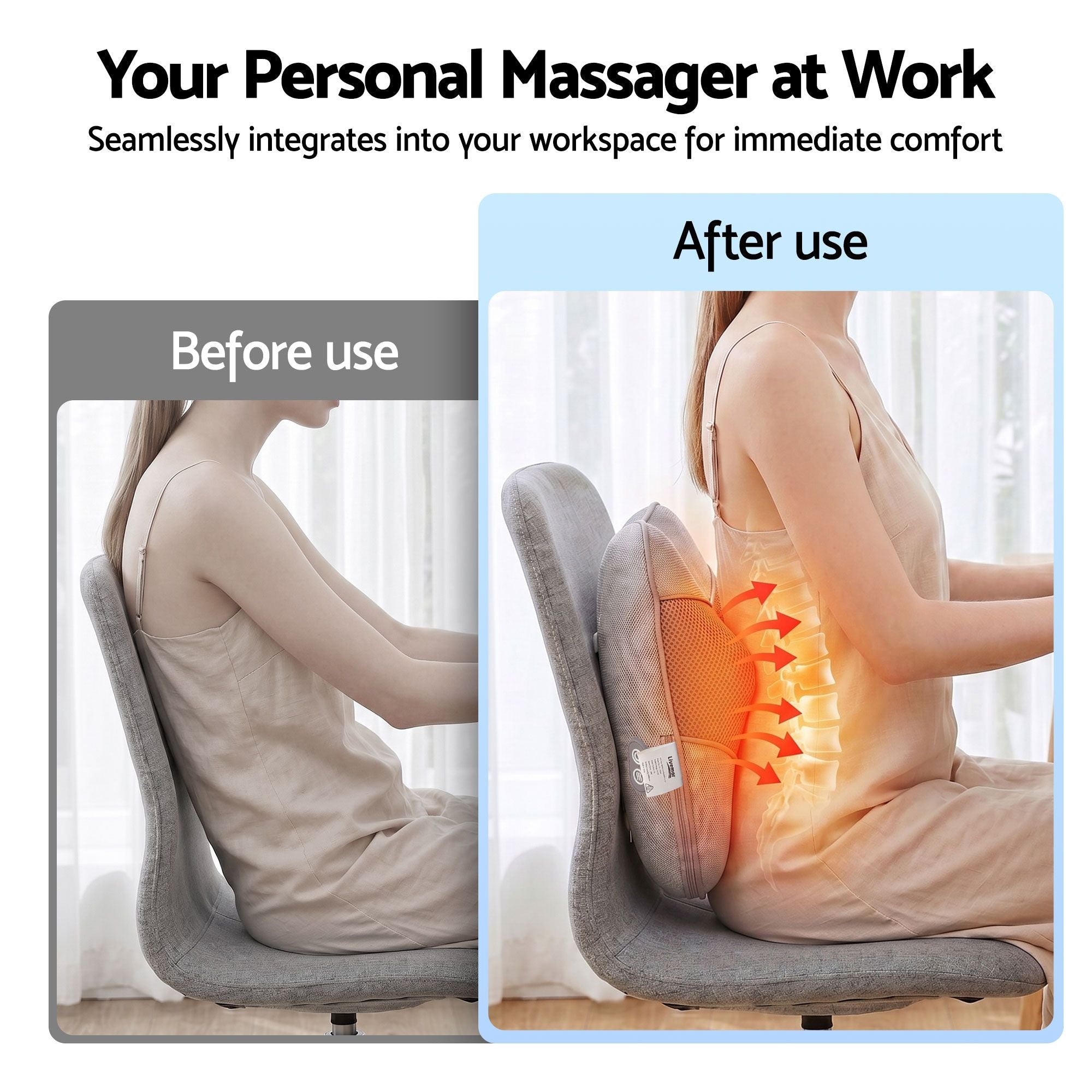 Livemor Back Massager with Heat, USB Neck and Shoulder Massage Pillow, 3-Speed Ergonomic Lumbar Support BACK-MASSAGER-U-GY