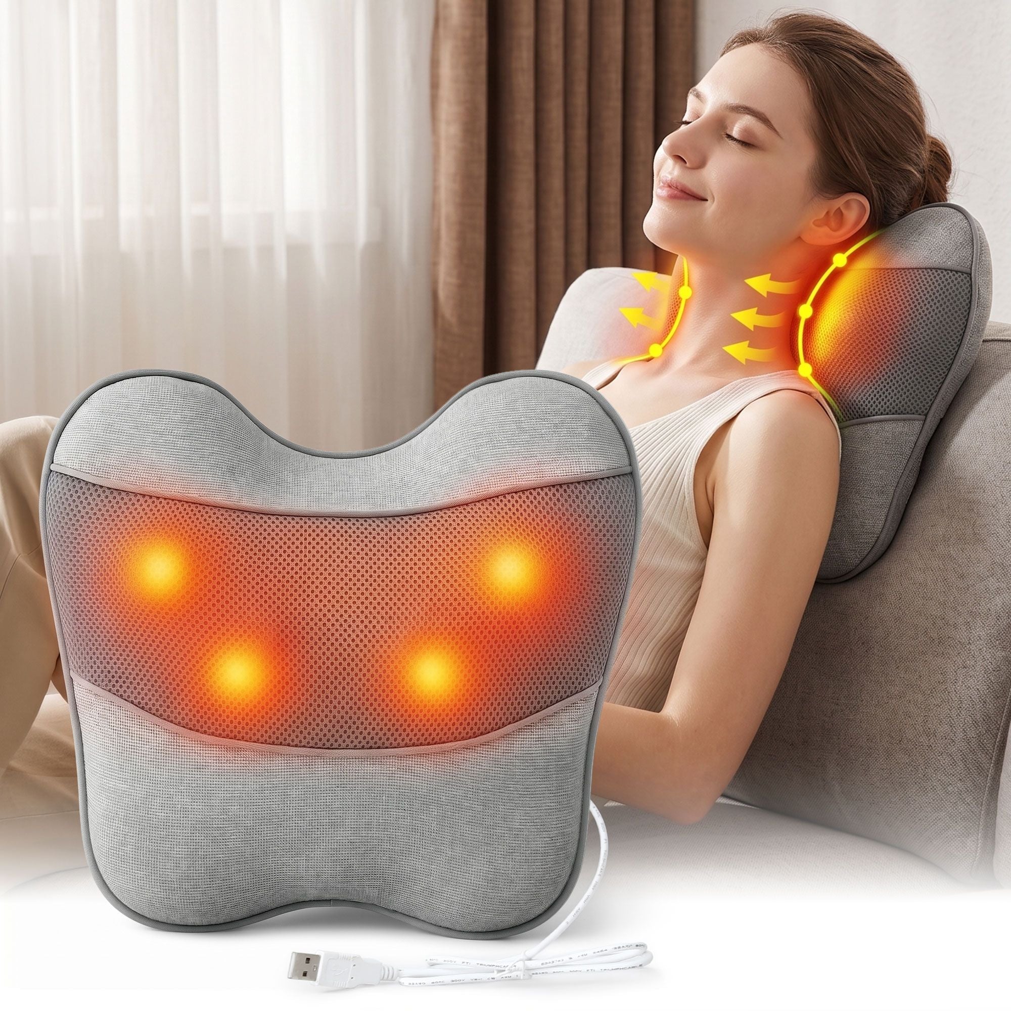 Livemor Back Massager with Heat, USB Neck and Shoulder Massage Pillow, 3-Speed Ergonomic Lumbar Support BACK-MASSAGER-U-GY
