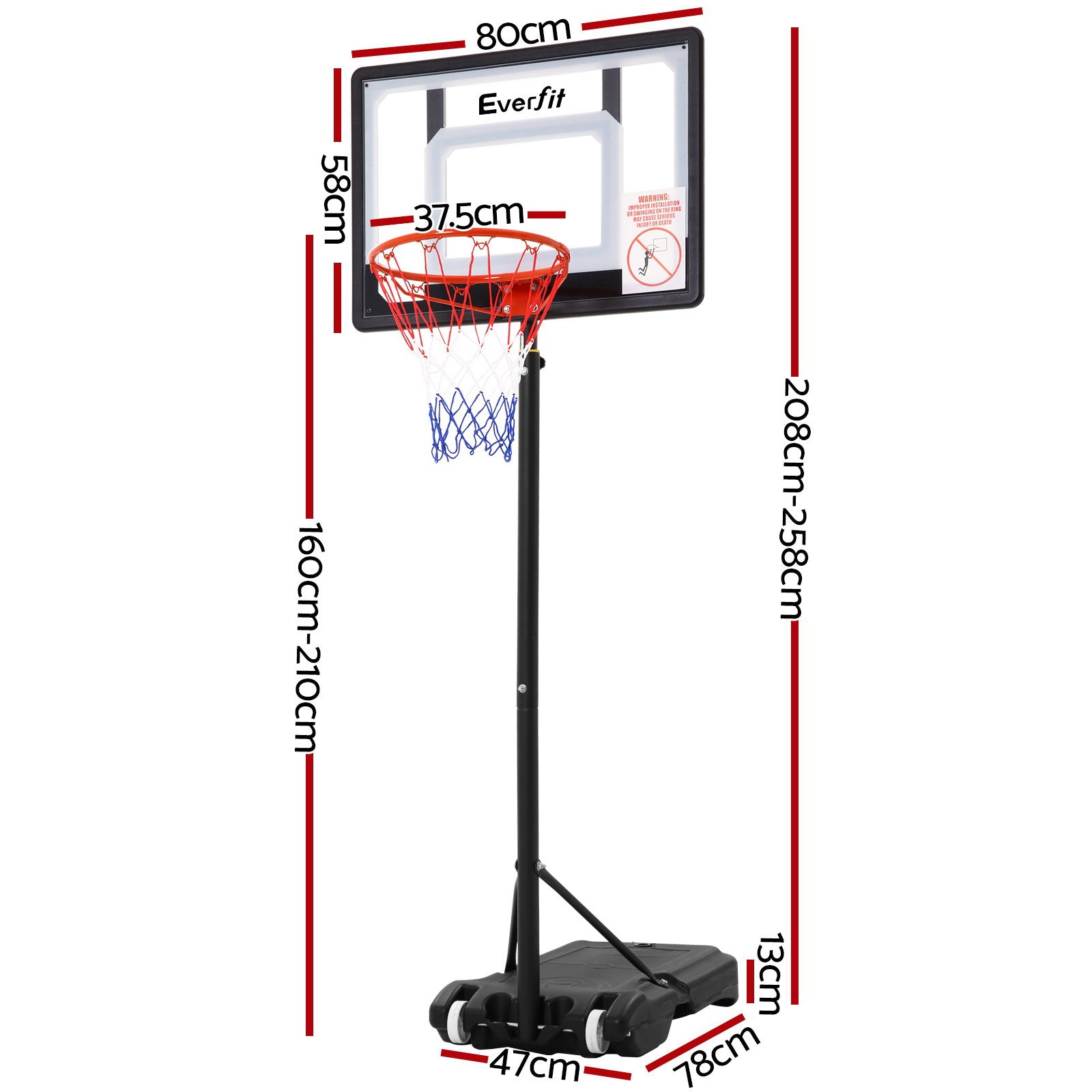Everfit 2.1M Basketball Hoop Stand System Adjustable Portable Pro Kids Clear BAS-HOOP-210