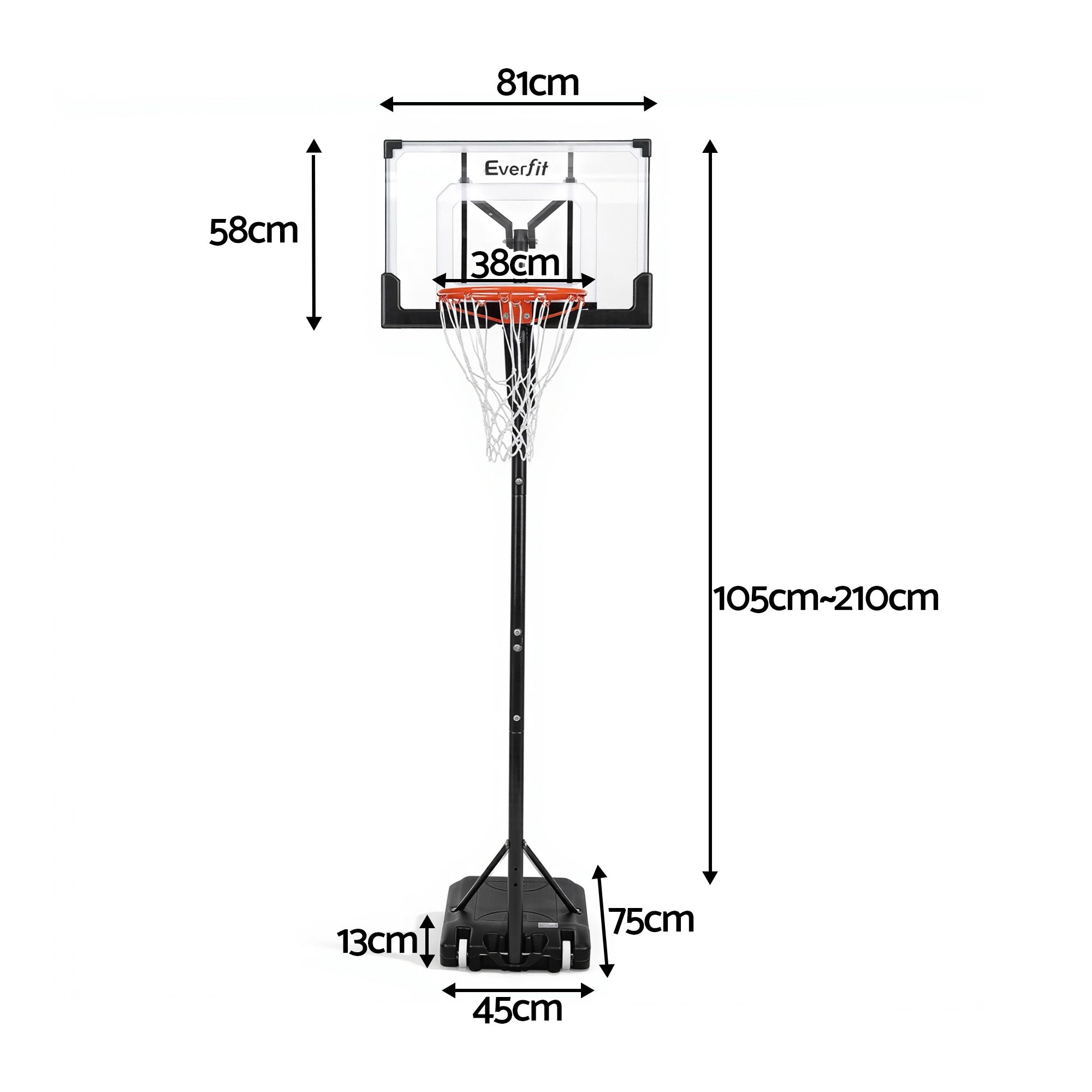 Everfit Portable Basketball Hoop Adjustable Pool Goal System Backyard 1.05M-2.1M BAS-HOOP-210-POOL-BK