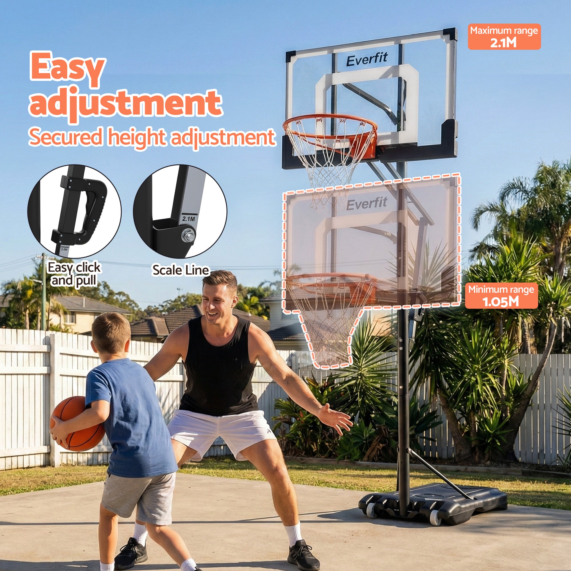 Everfit Portable Basketball Hoop Adjustable Pool Goal System Backyard 1.05M-2.1M BAS-HOOP-210-POOL-BK