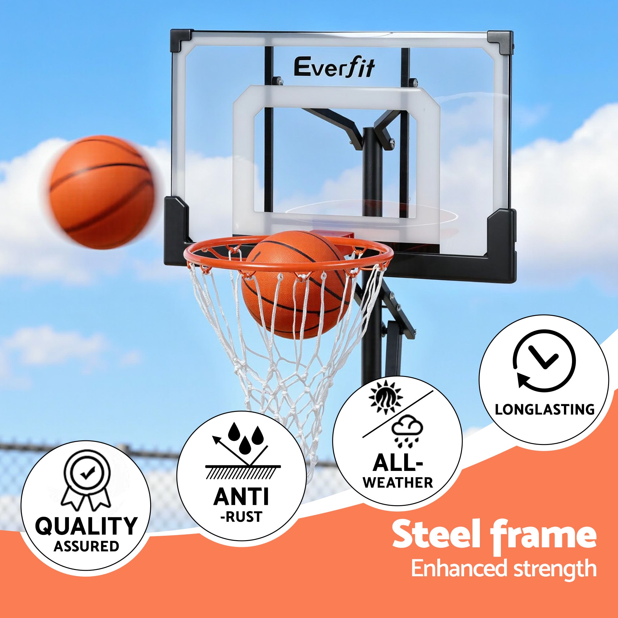 Everfit Portable Basketball Hoop Adjustable Pool Goal System Backyard 1.05M-2.1M BAS-HOOP-210-POOL-BK