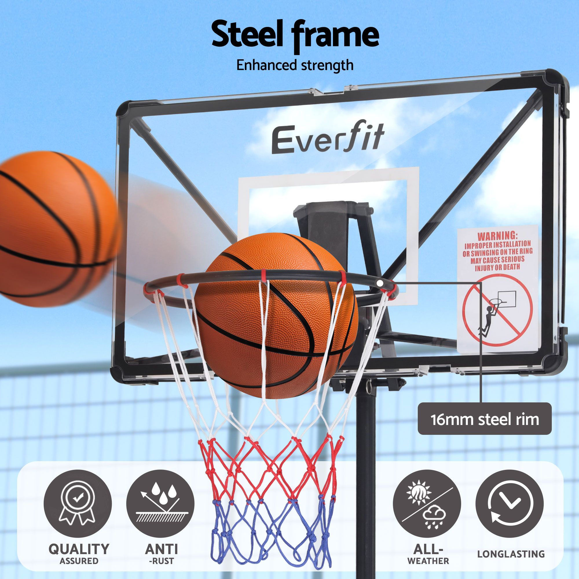 Everfit Portable Basketball Hoop System Adjustable Full Foldable Stand 2.07m BAS-HOOP-210FOLD-BK