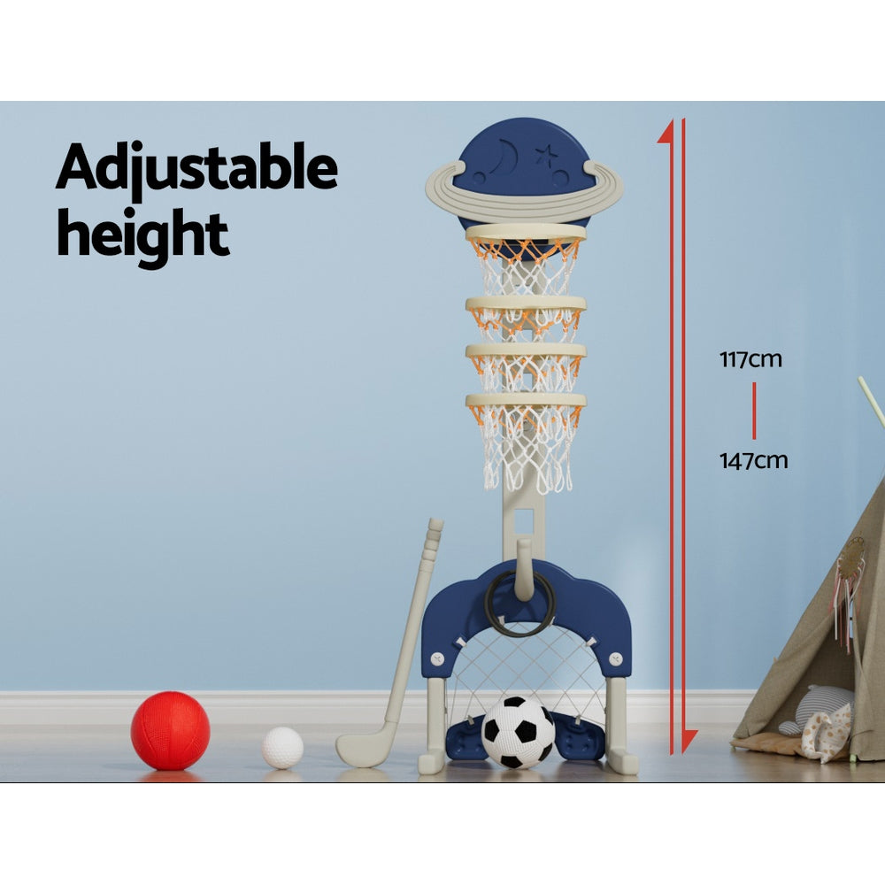 Keezi Kids Basketball Hoop Stand Adjustable 6-in-1 Sports Center Toys Set Blue BAS-HOOP-B-KID-S-BL