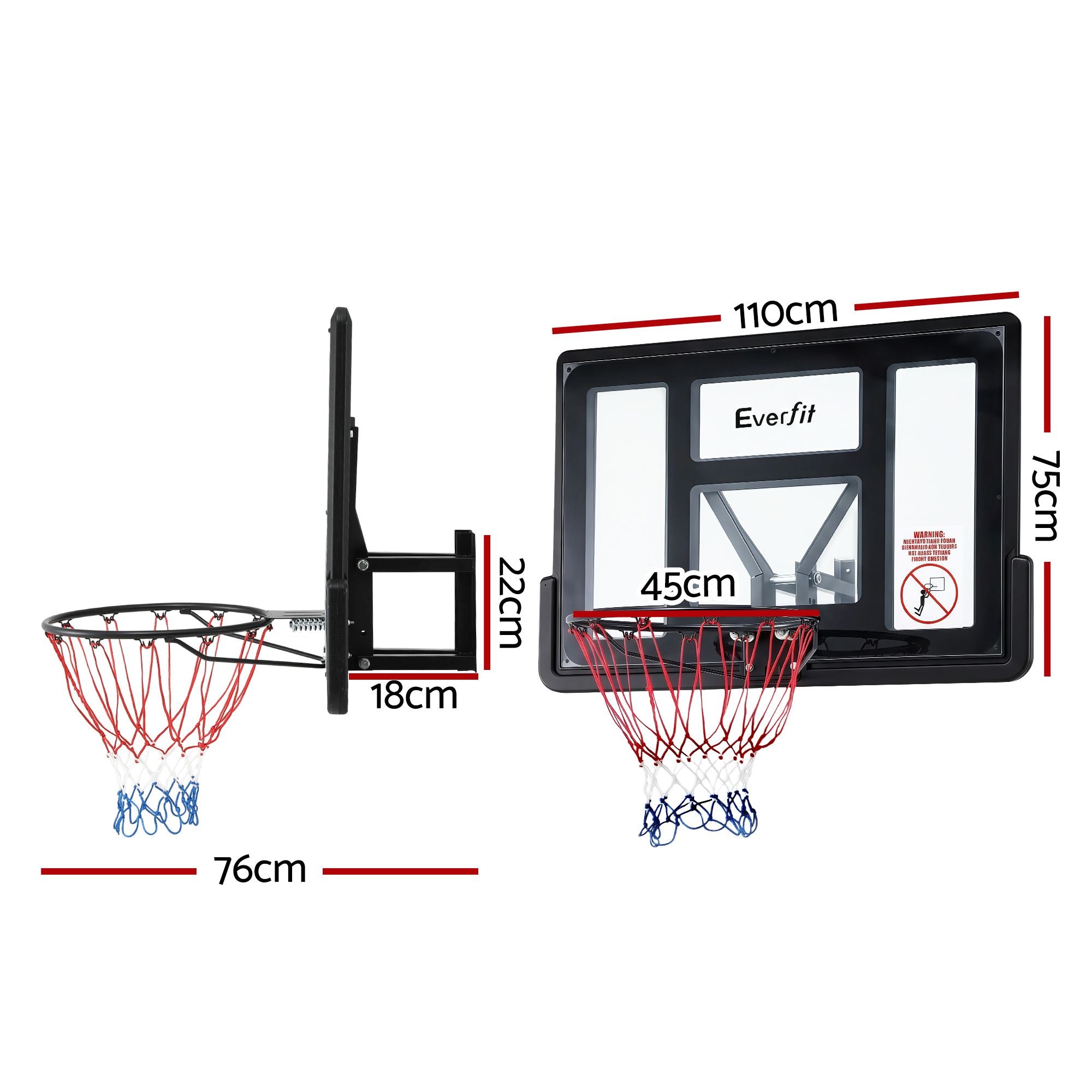 Everfit 43-Inch Wall Mount Kids Basketball Hoop Backboard Indoor Outdoor Sports BAS-HOOP-D45-BK