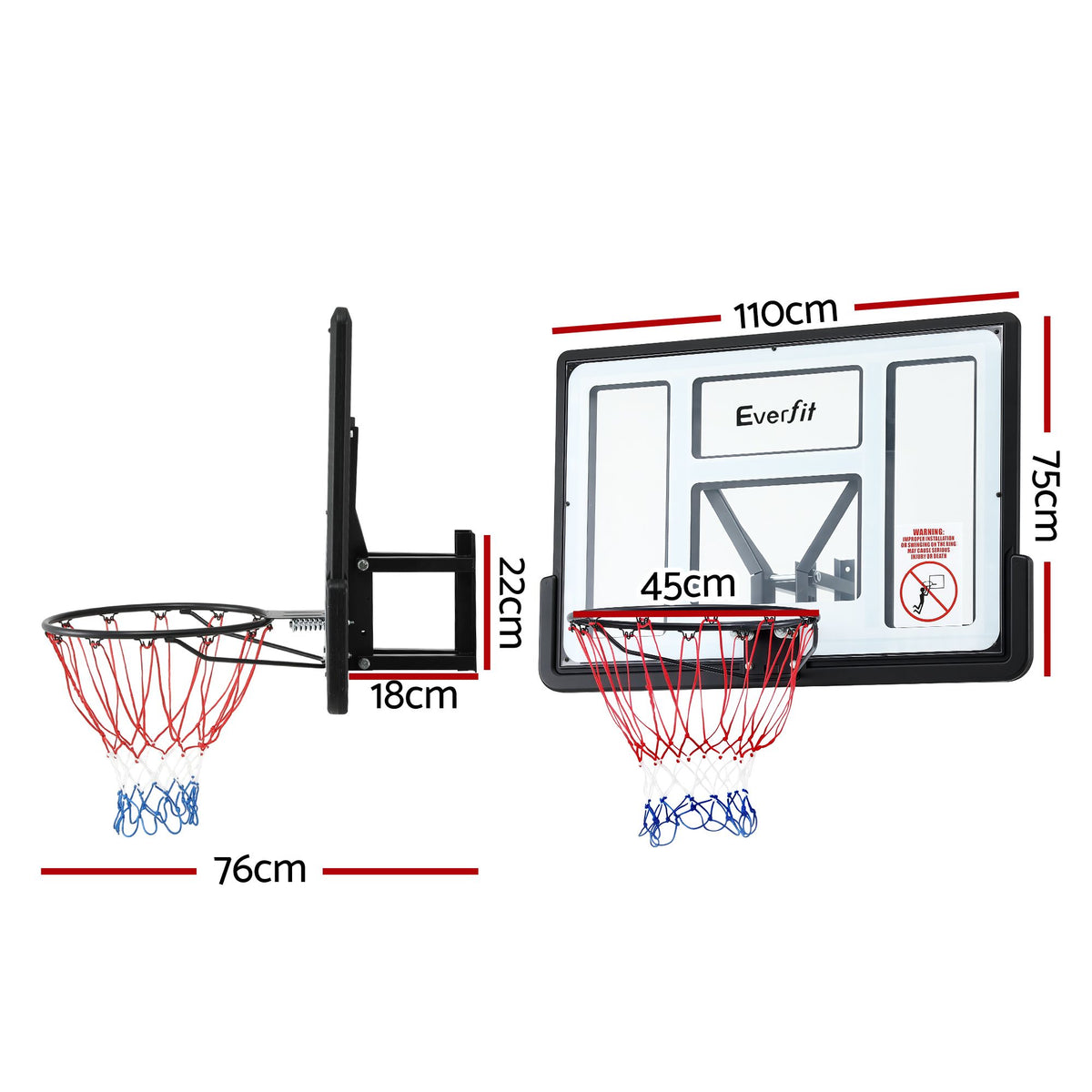 Everfit 43-Inch Wall Mount Kids Basketball Hoop Backboard Outdoor Sports BAS-HOOP-D45-WTBK