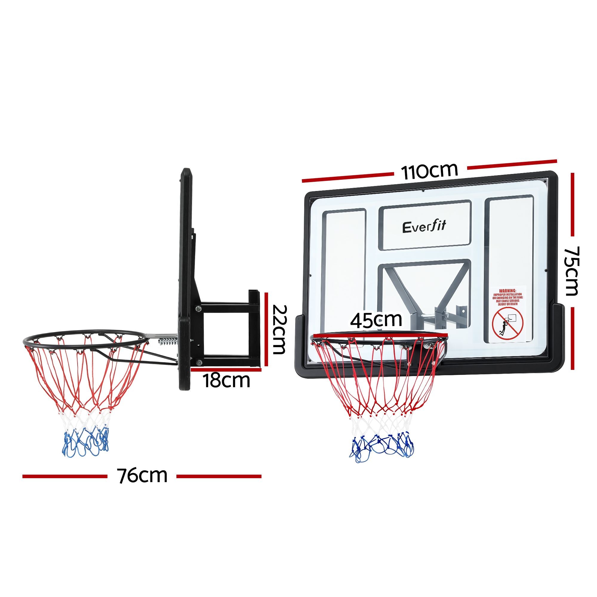 Everfit 43-Inch Wall Mount Kids Basketball Hoop Backboard Outdoor Sports BAS-HOOP-D45-WTBK