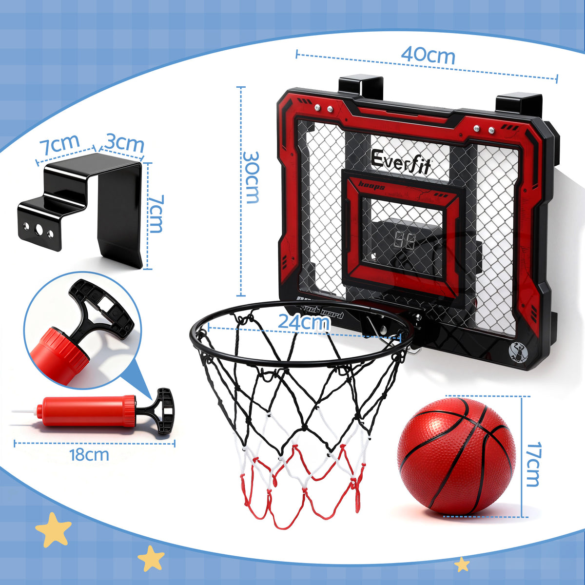 Everfit Mini Basketball Hoop Over Door Indoor LED Scoreboard Kids Set 40x30cm BAS-HOOP-ELEC-4030-RD