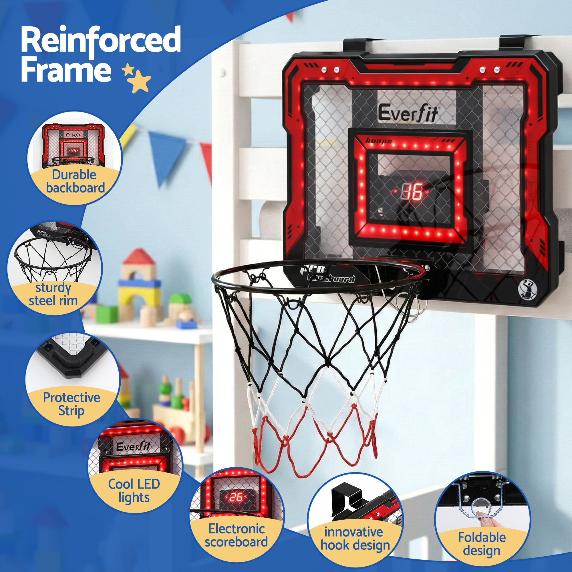 Everfit Mini Basketball Hoop Over Door Indoor LED Scoreboard Kids Set 40x30cm BAS-HOOP-ELEC-4030-RD