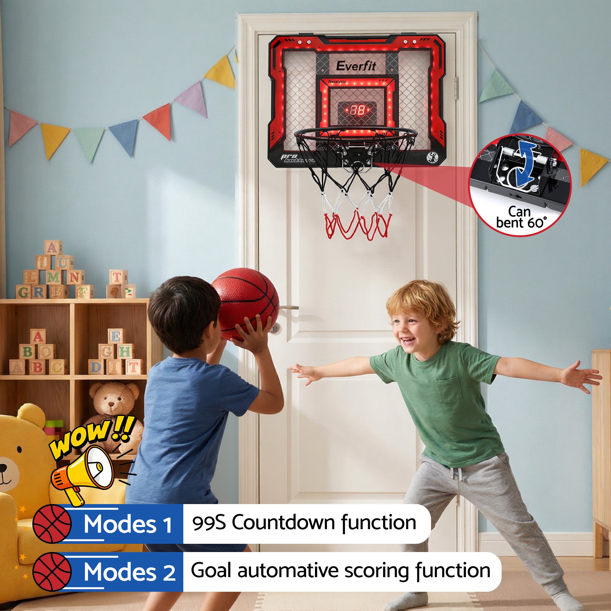Everfit Mini Basketball Hoop Over Door Indoor LED Scoreboard Kids Set 40x30cm BAS-HOOP-ELEC-4030-RD
