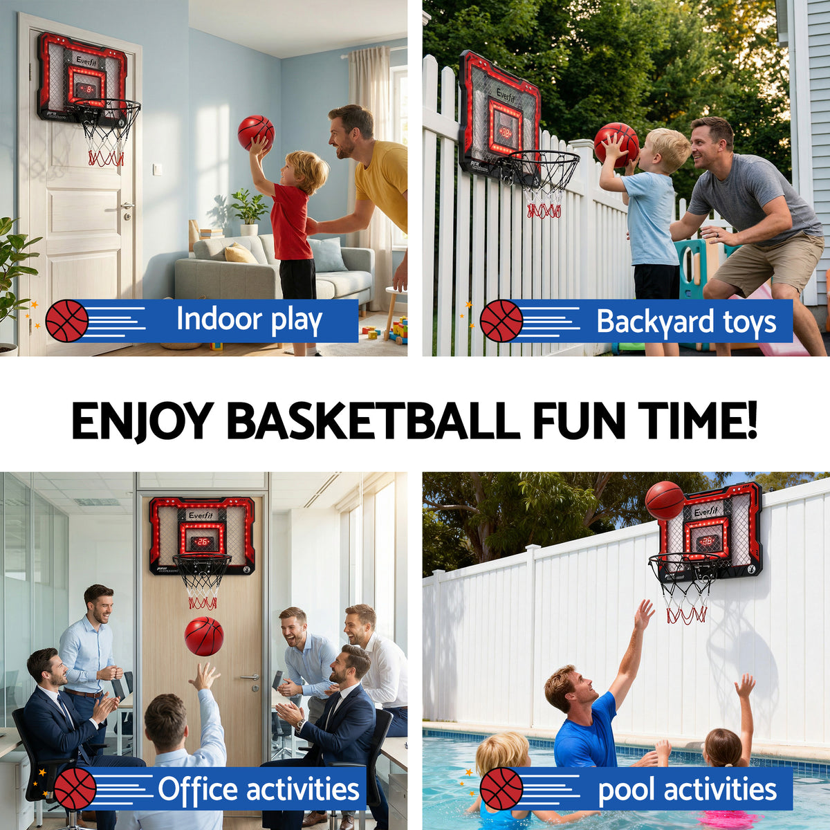 Everfit Mini Basketball Hoop Over Door Indoor LED Scoreboard Kids Set 40x30cm BAS-HOOP-ELEC-4030-RD