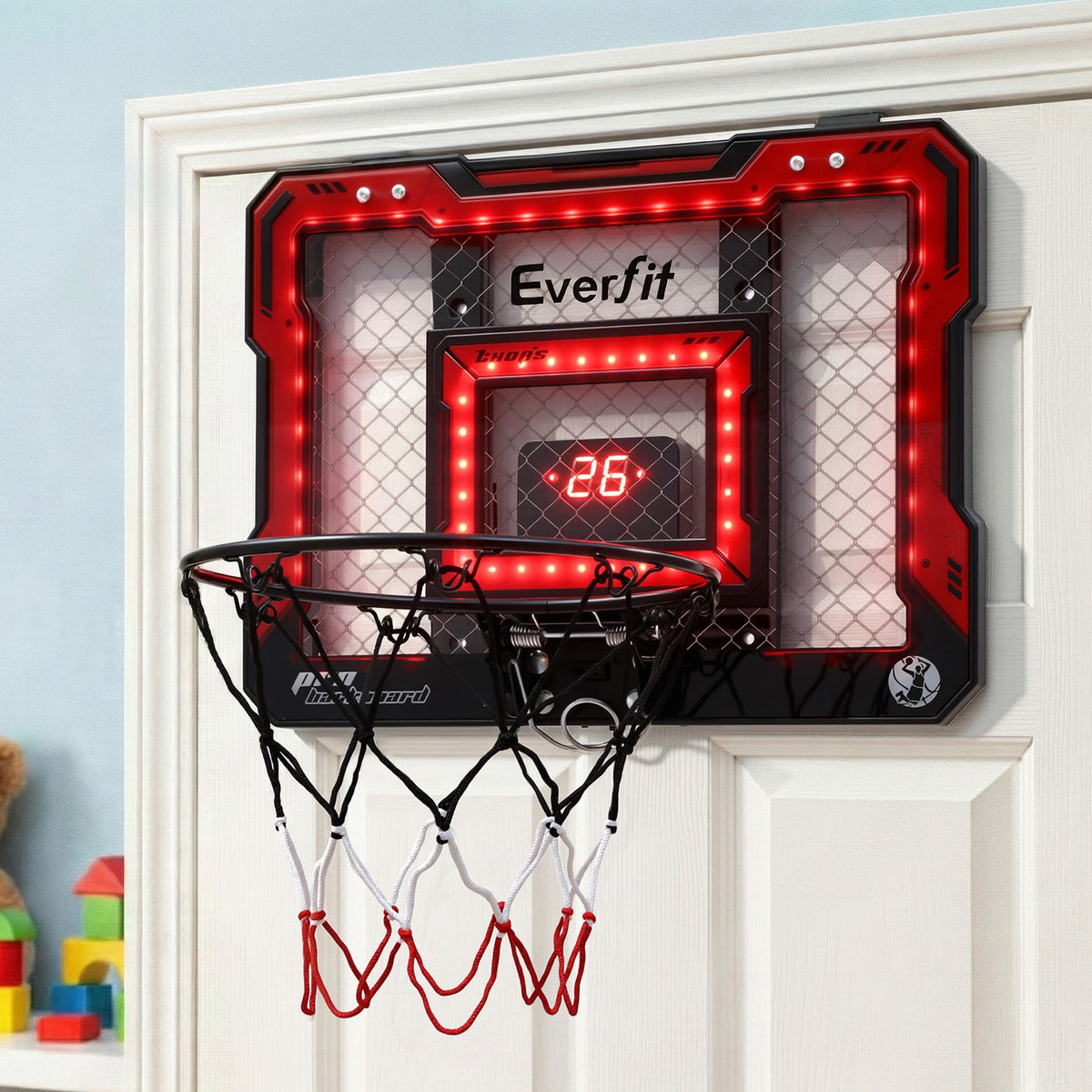 Everfit Mini Basketball Hoop Over Door Indoor LED Scoreboard Kids Set 40x30cm BAS-HOOP-ELEC-4030-RD