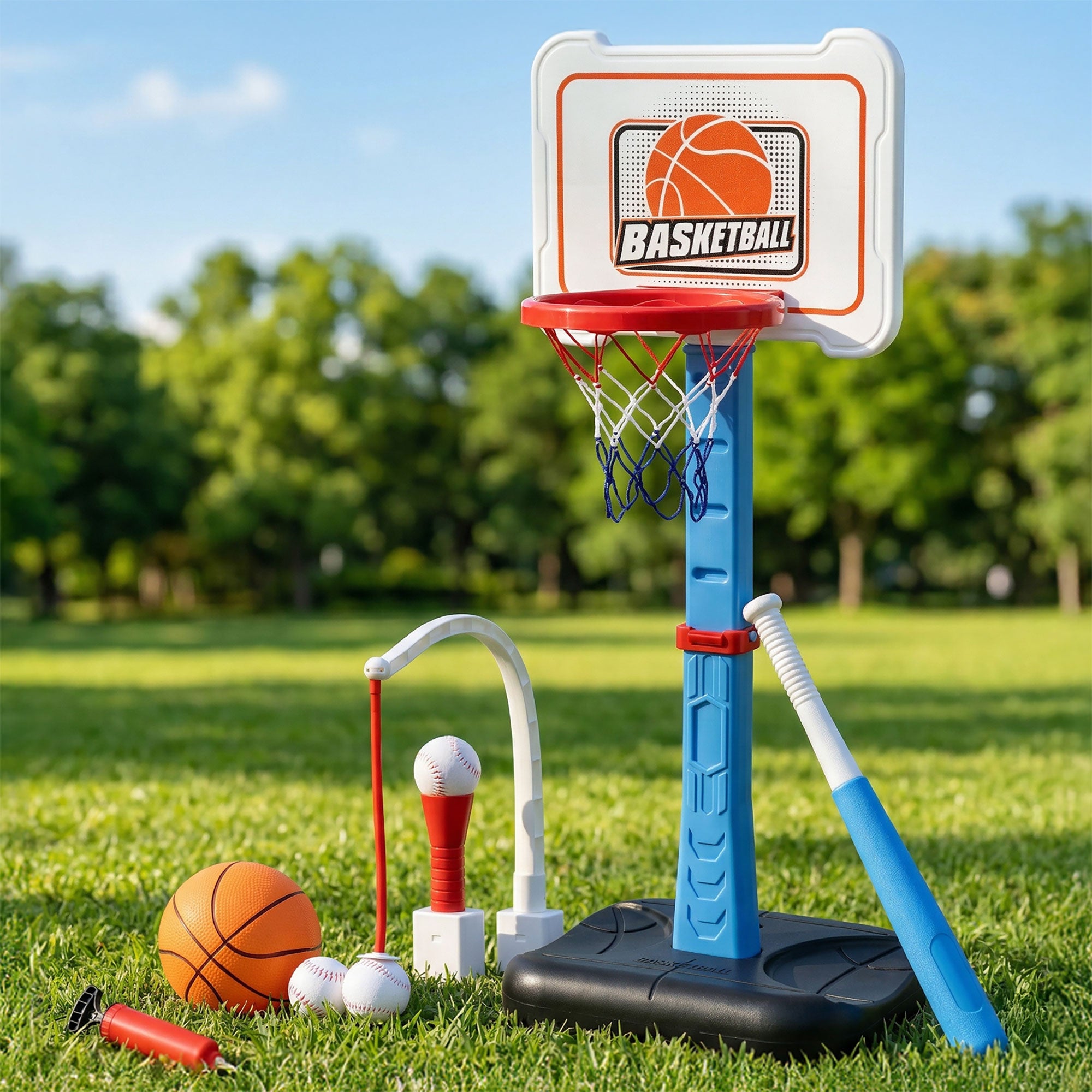 Keezi Kids Basketball Hoop Stand Baseball Set Adjustable Height Sports Toys Blue BAS-HOOP-KID-BASE-BU