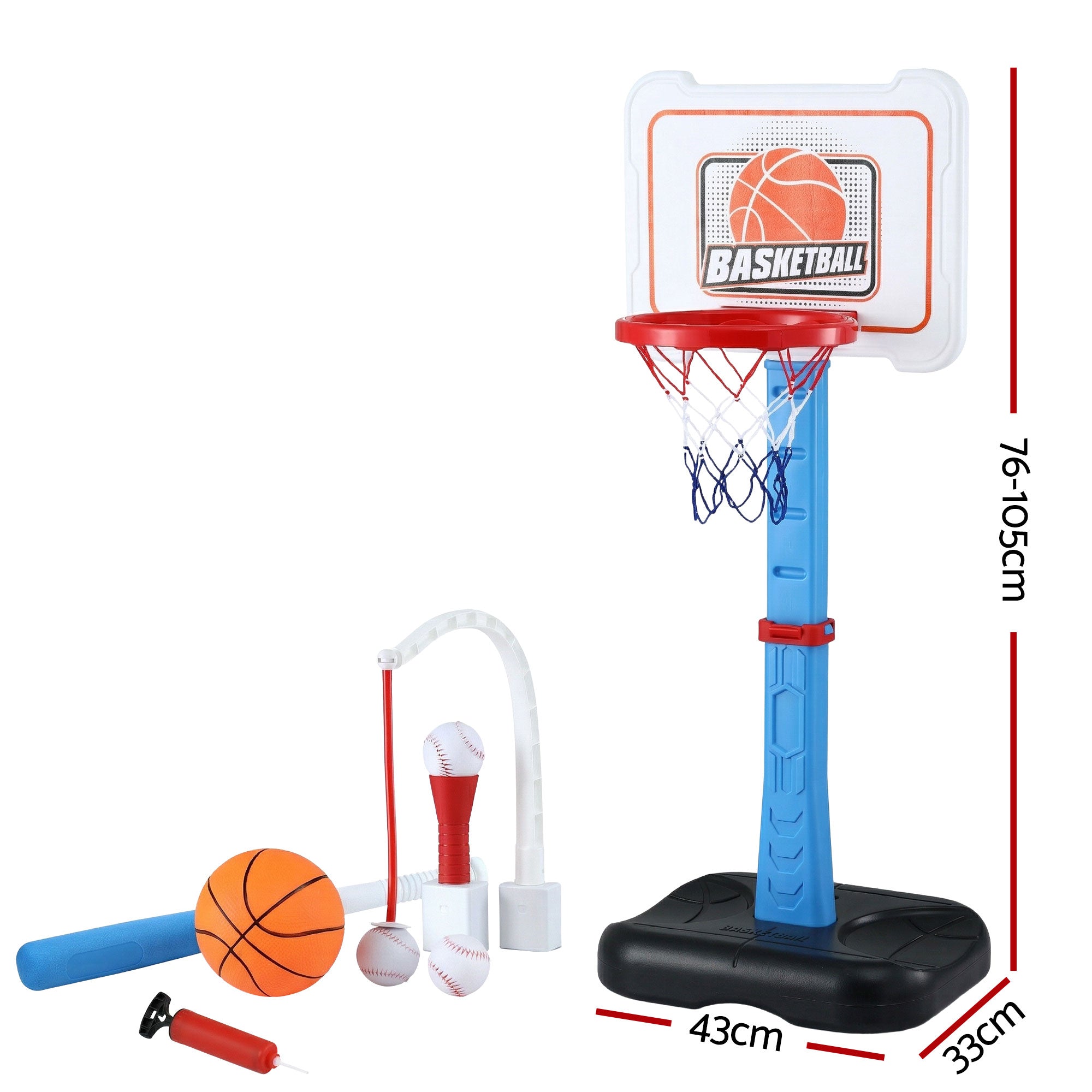 Keezi Kids Basketball Hoop Stand Baseball Set Adjustable Height Sports Toys Blue BAS-HOOP-KID-BASE-BU
