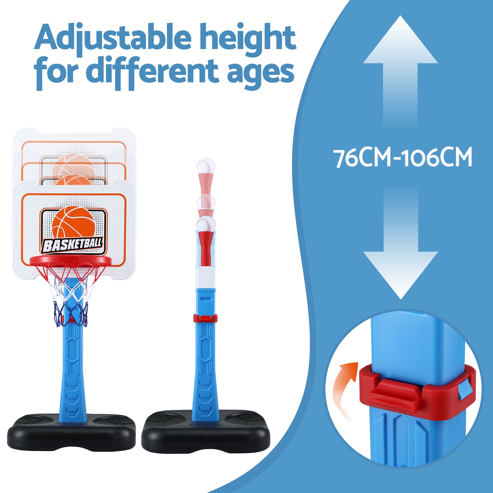 Keezi Kids Basketball Hoop Stand Baseball Set Adjustable Height Sports Toys Blue BAS-HOOP-KID-BASE-BU