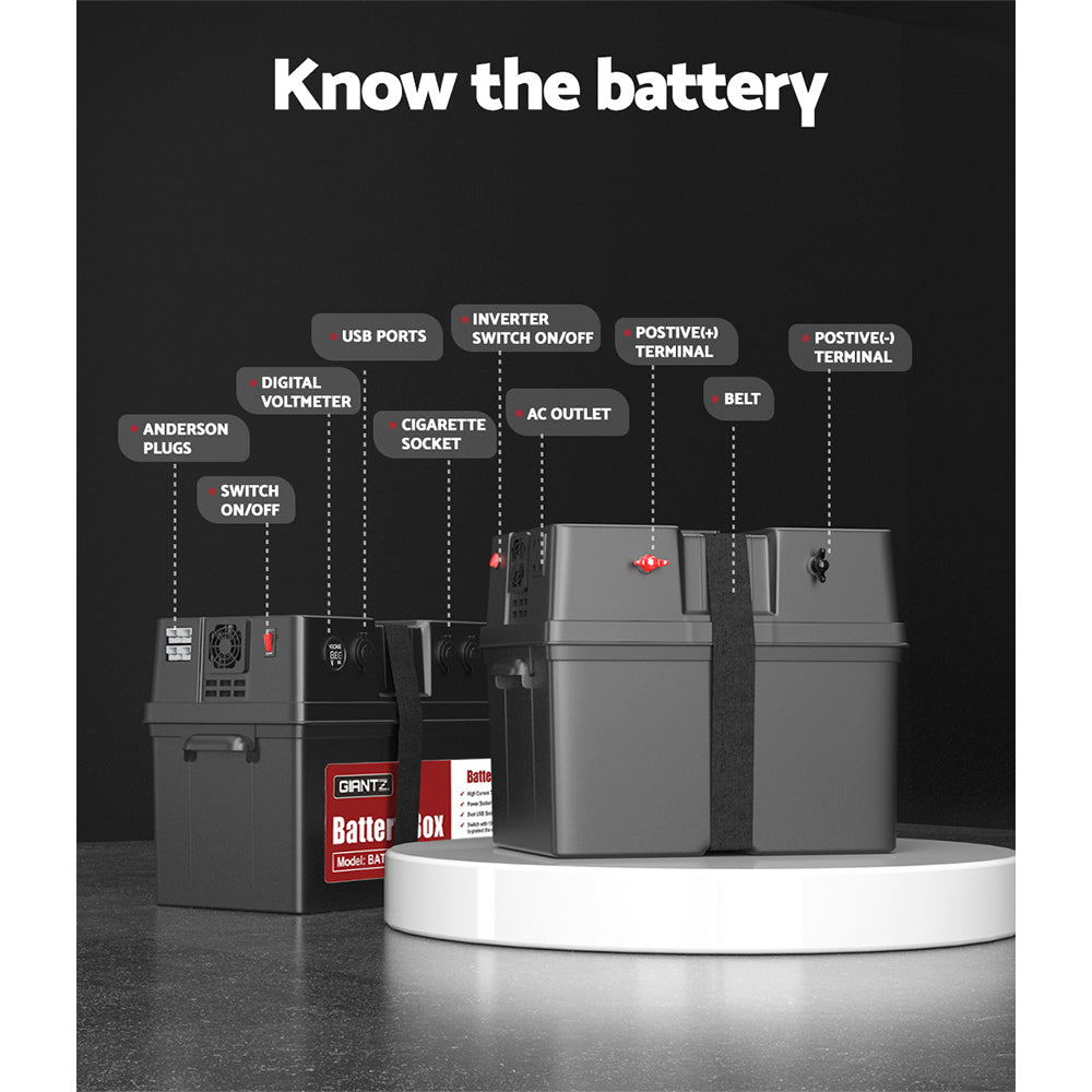 Giantz Battery Box 500W Inverter Deep Cycle Battery Portable Caravan Camping USB BAT-BOX-INV-500