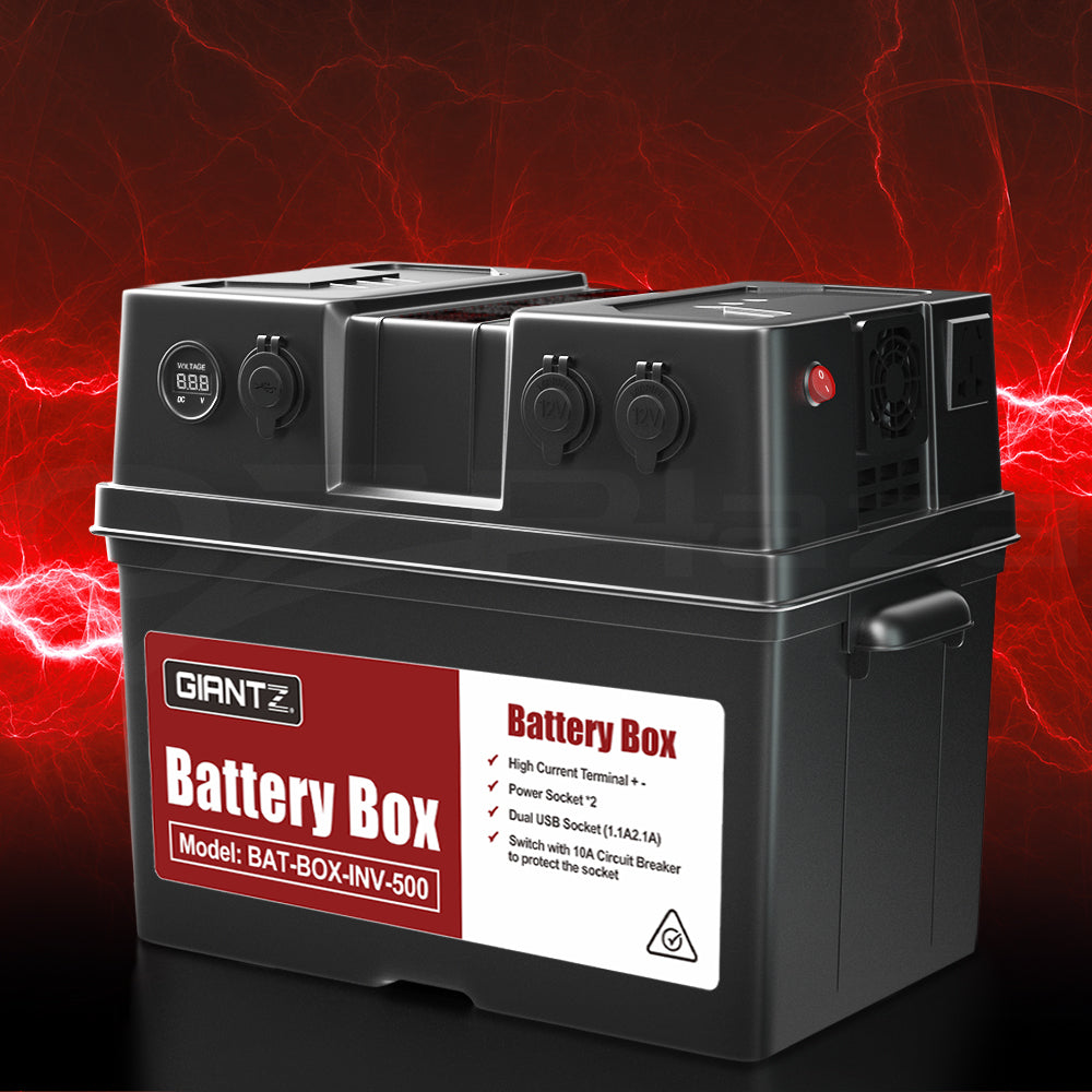 Giantz Battery Box 500W Inverter Deep Cycle Battery Portable Caravan Camping USB BAT-BOX-INV-500