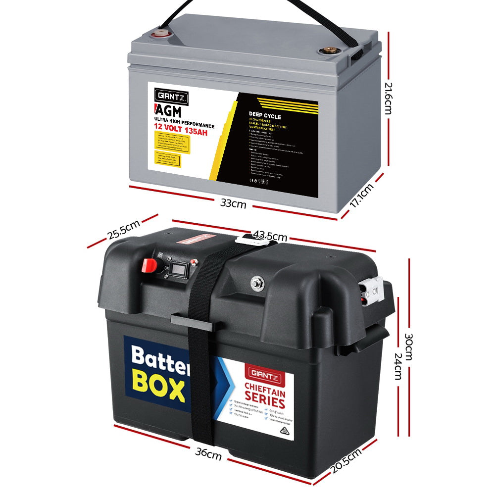 Giantz AGM Deep Cycle Battery 12V 135Ah Box Portable Solar Caravan Camping BAT-DX-C-135