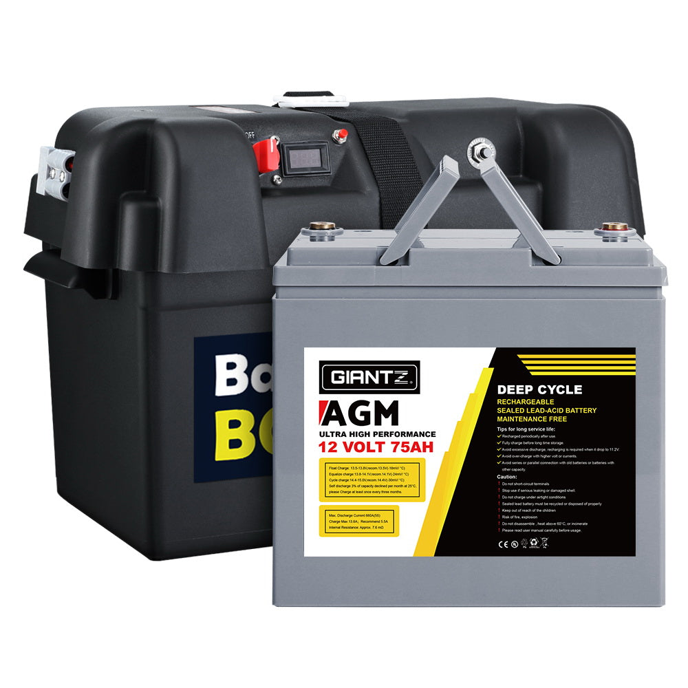 Giantz AGM Deep Cycle Battery 12V 75Ah Box Portable Solar Caravan Camping BAT-DX-C-75