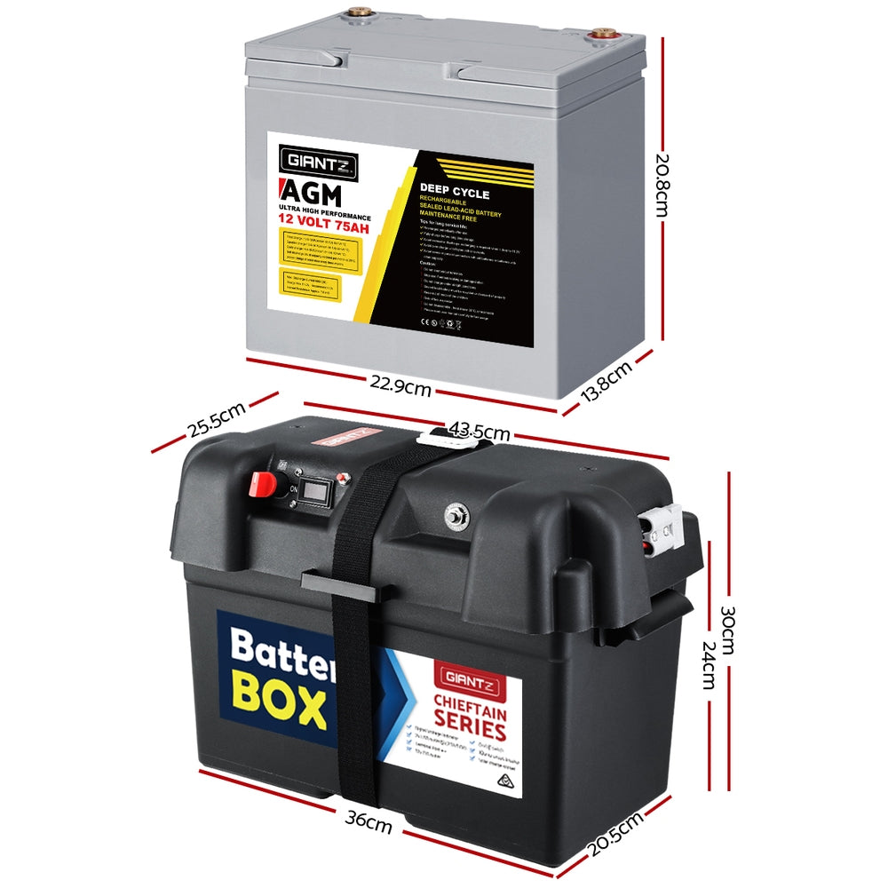 Giantz AGM Deep Cycle Battery 12V 75Ah Box Portable Solar Caravan Camping BAT-DX-C-75