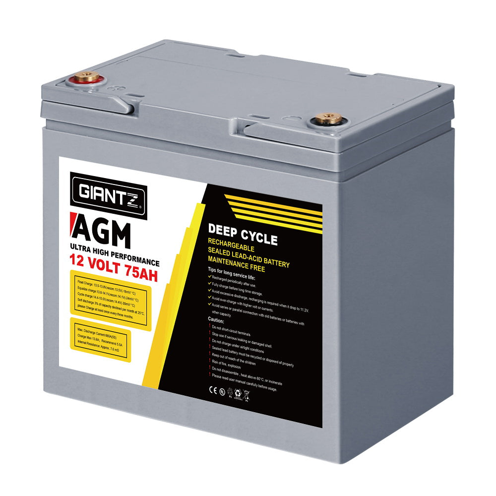 Giantz AGM Deep Cycle Battery 12V 75Ah Box Portable Solar Caravan Camping BAT-DX-C-75