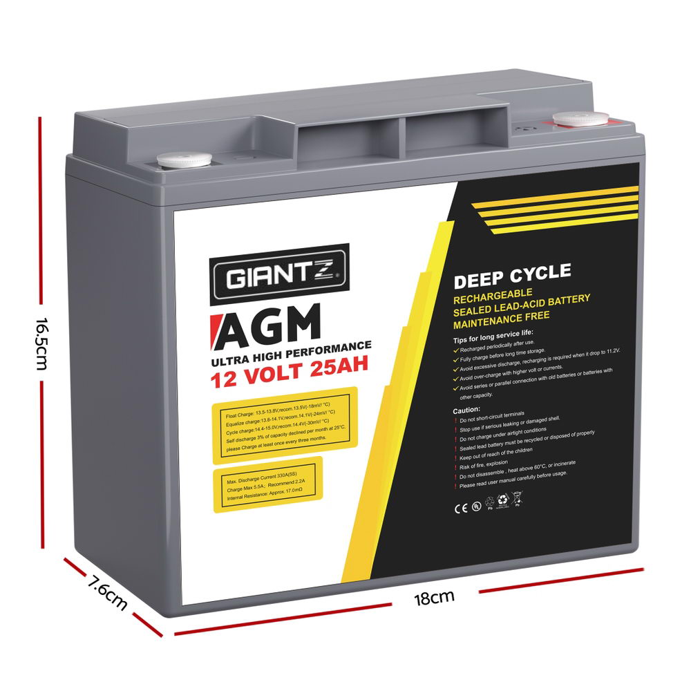 Giantz AGM Deep Cycle Battery 12V 25Ah Box Portable Solar Caravan Camping BATTERY-C-AGM-25