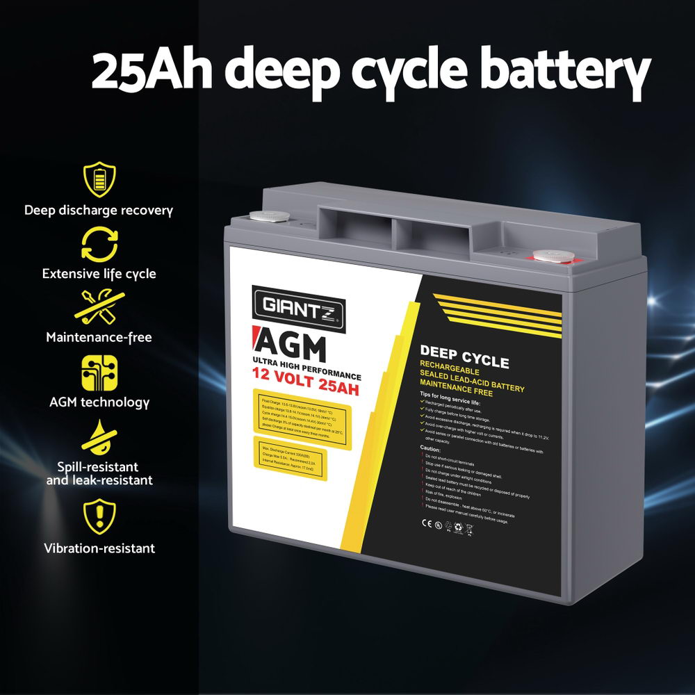 Giantz AGM Deep Cycle Battery 12V 25Ah Box Portable Solar Caravan Camping BATTERY-C-AGM-25