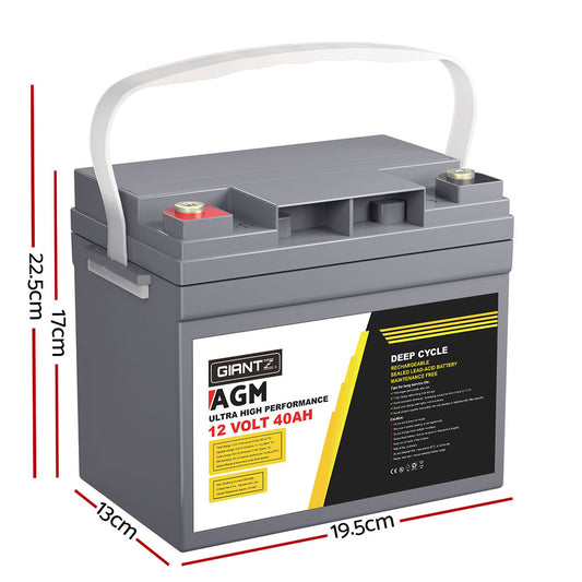 Giantz AGM Battery 12V 40Ah Deep Cycle Box Portable Solar Caravan Camping BATTERY-C-AGM-40
